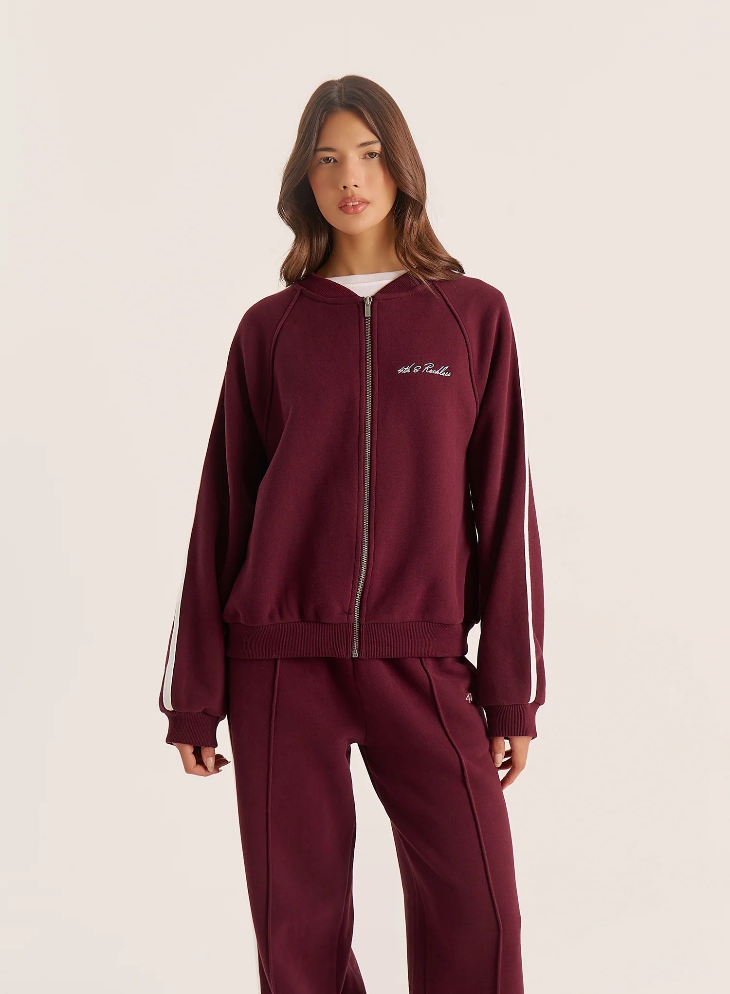 Burgundy Contrast Stripe Zip Bomber Jacket