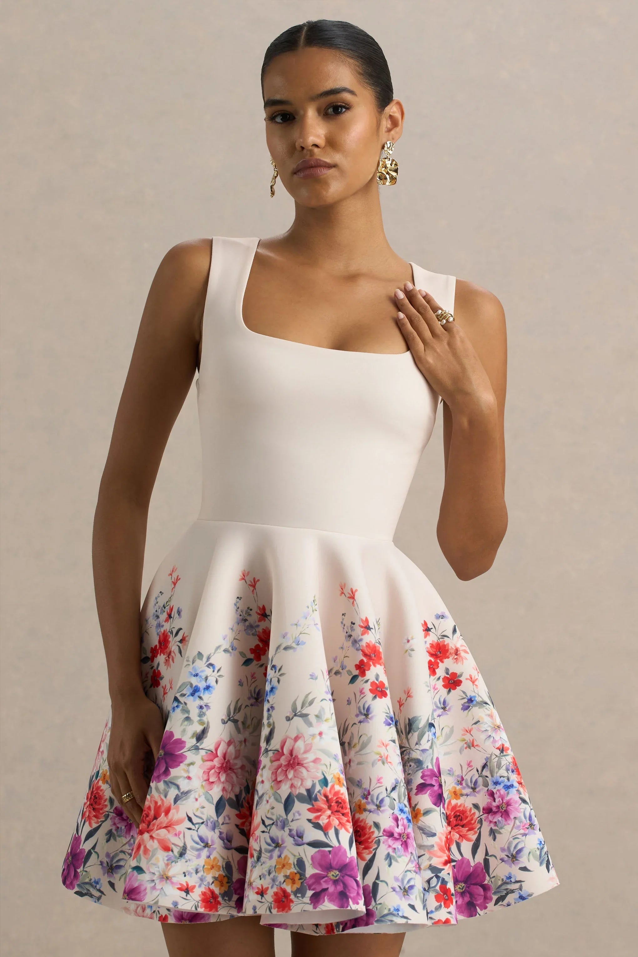 Gemstone Light Pink Floral Print Square Neck Skater Mini Dress