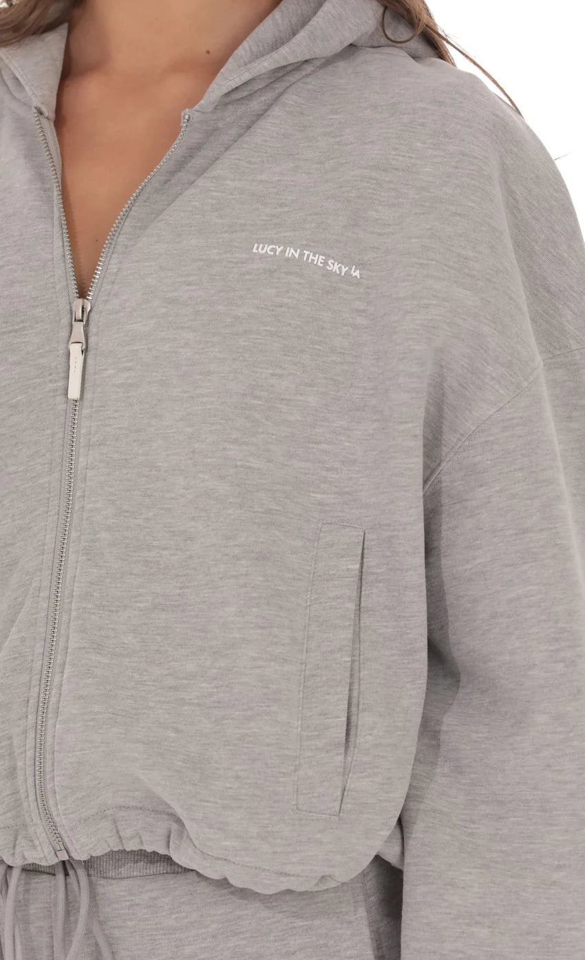 Cropped Fleece Zip Up Hoodie in Grey