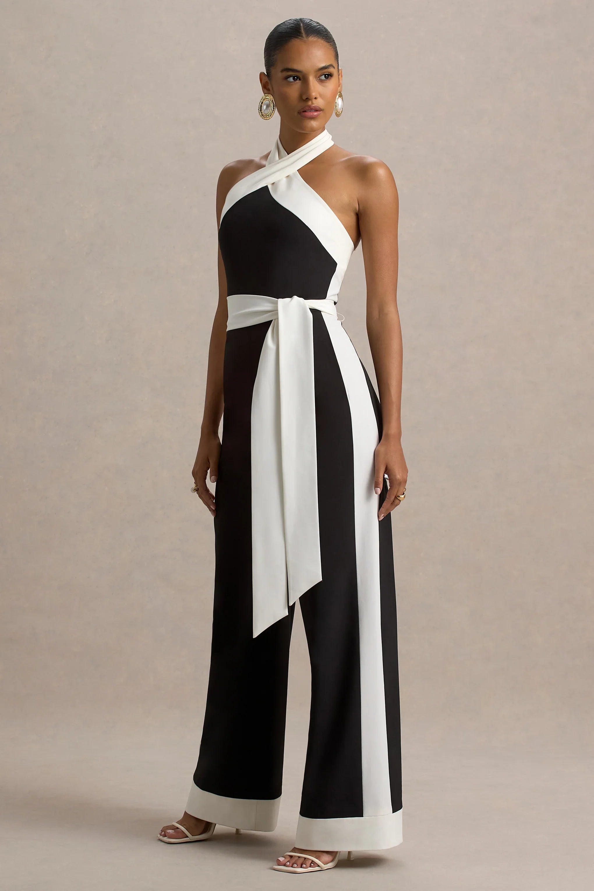 Caterina Black White Halter Neck Wide Leg Jumpsuit