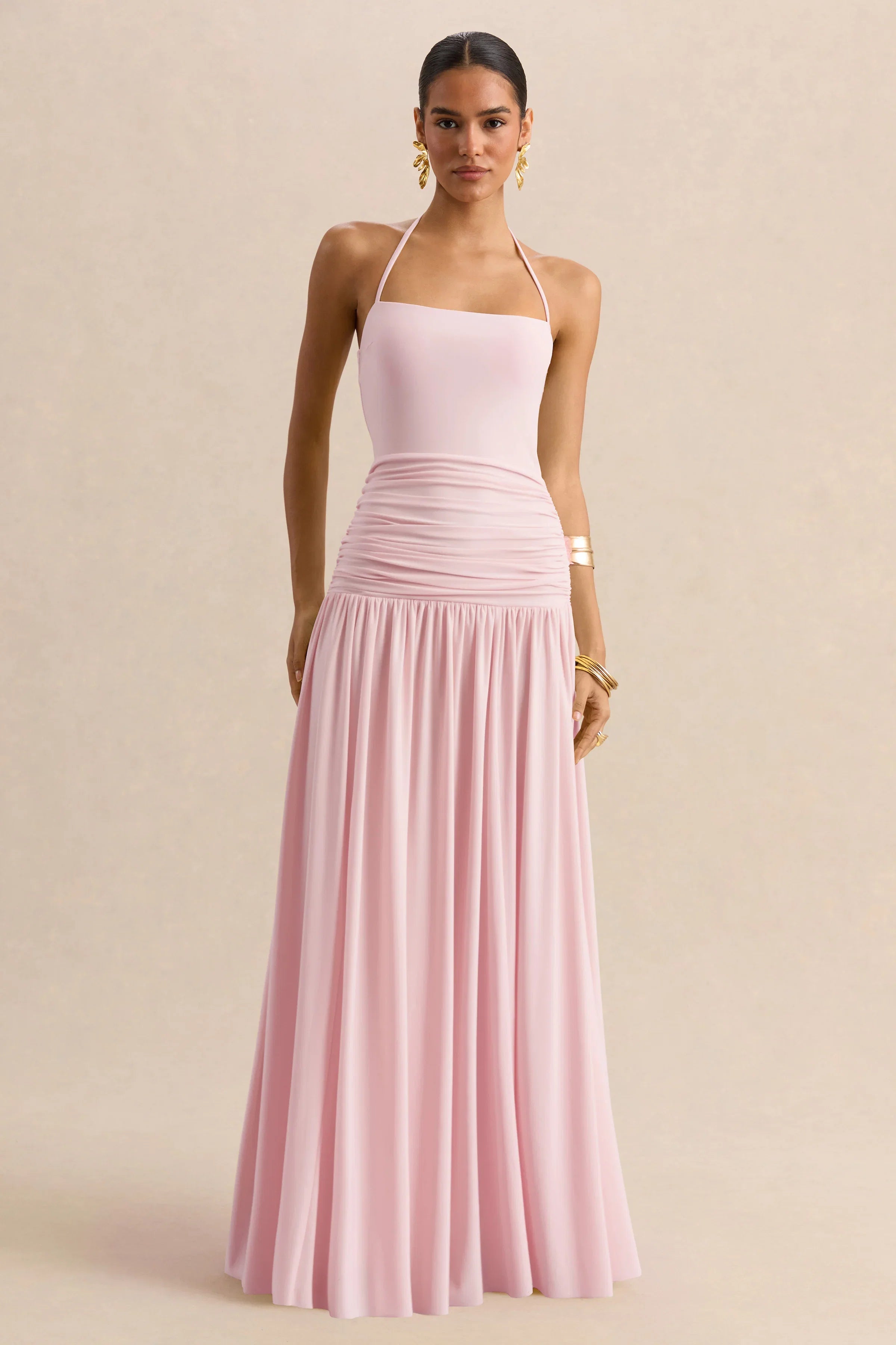 Nicolette Pink Square Neck Maxi Dress With Ruched Detailing