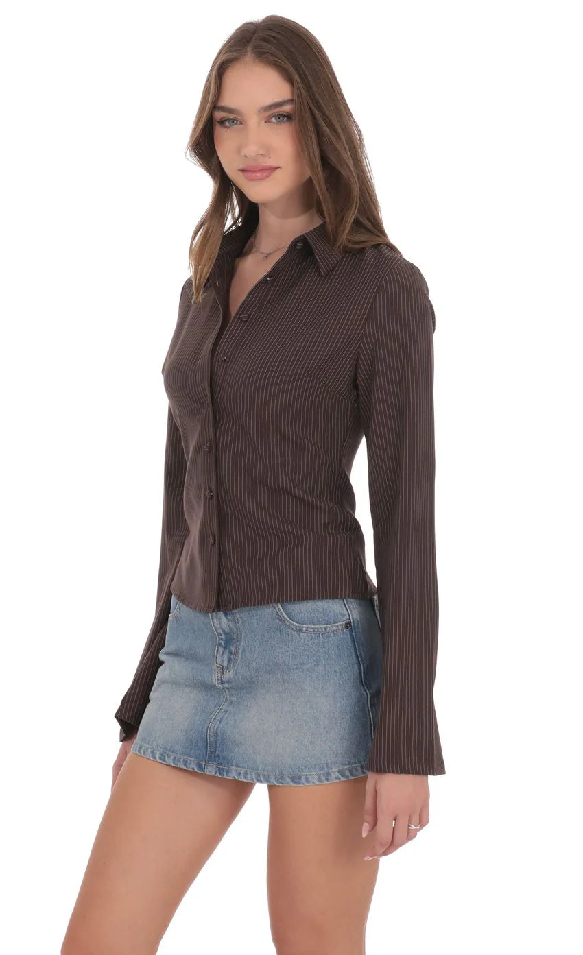 Pinstripe Button Up Shirt in Brown
