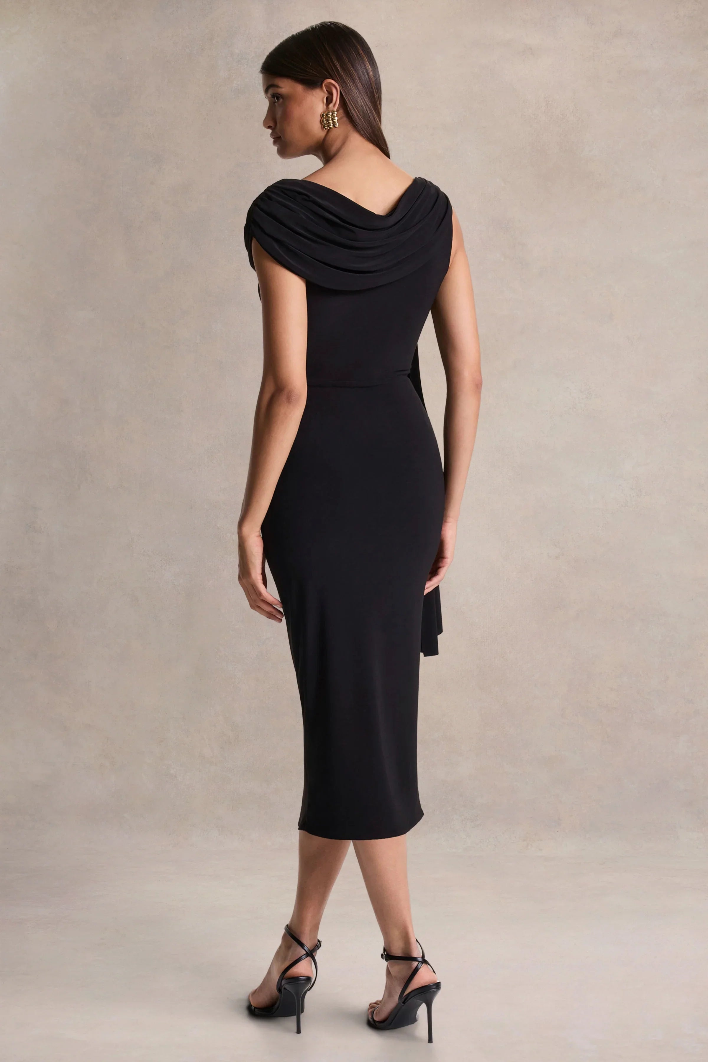 Mirelda Black Asymmetric Neck Midi Dress With Gold Detail