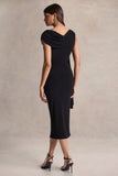 Mirelda Black Asymmetric Neck Midi Dress With Gold Detail