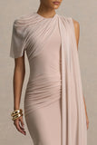 Brenda Champagne Crew Neck Maxi Dress With Mesh Cape And Sash