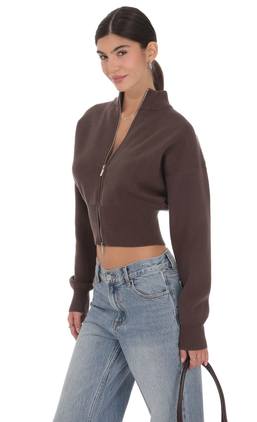 Knit Mock Neck Zip Up Cardigan in Brown