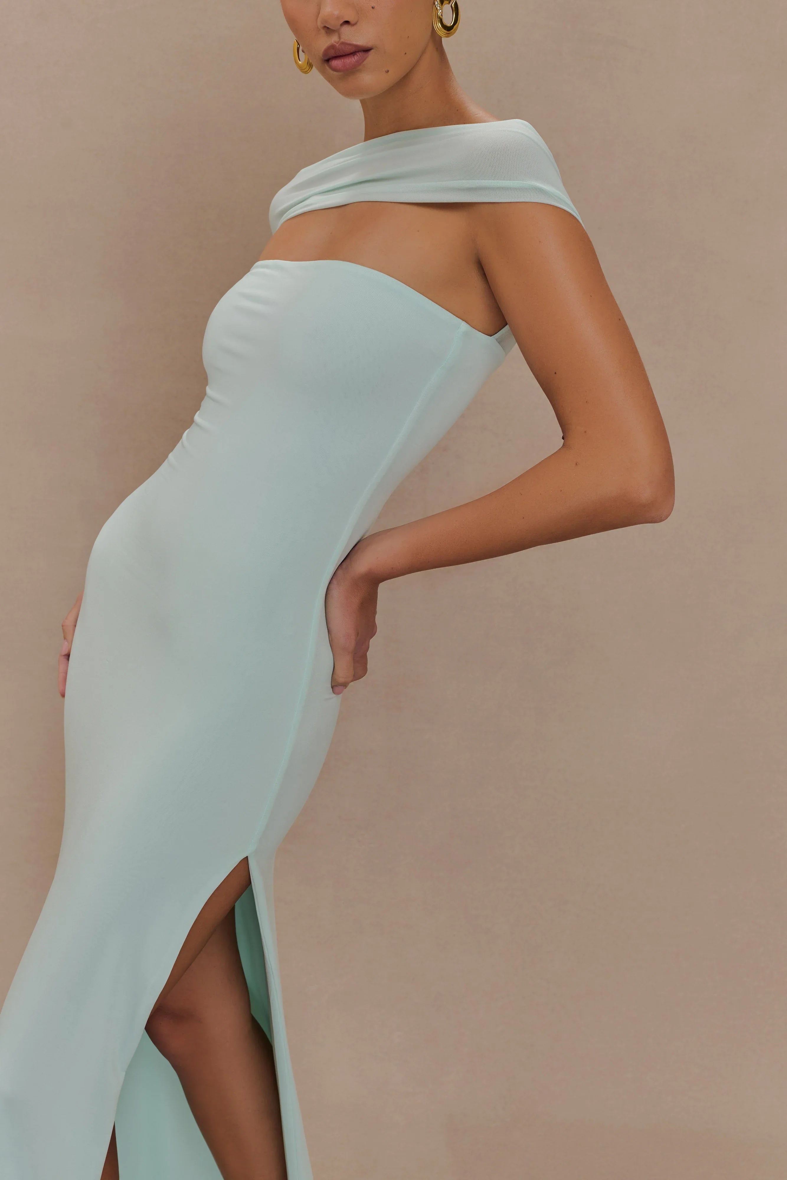 Aurora Slinky And Mesh Split Maxi Dress Lagoon