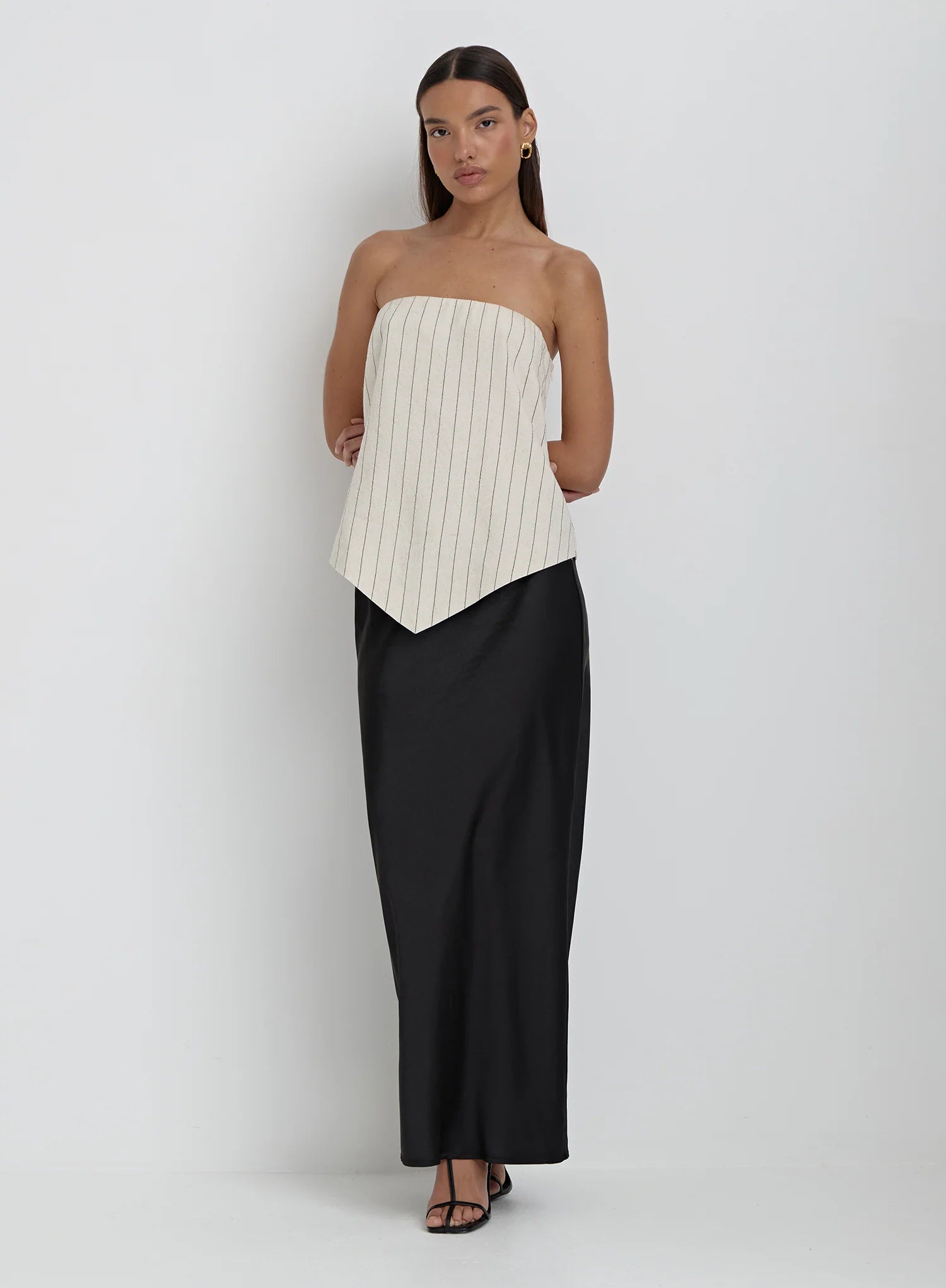 Beige Striped Linen Bandeau Top