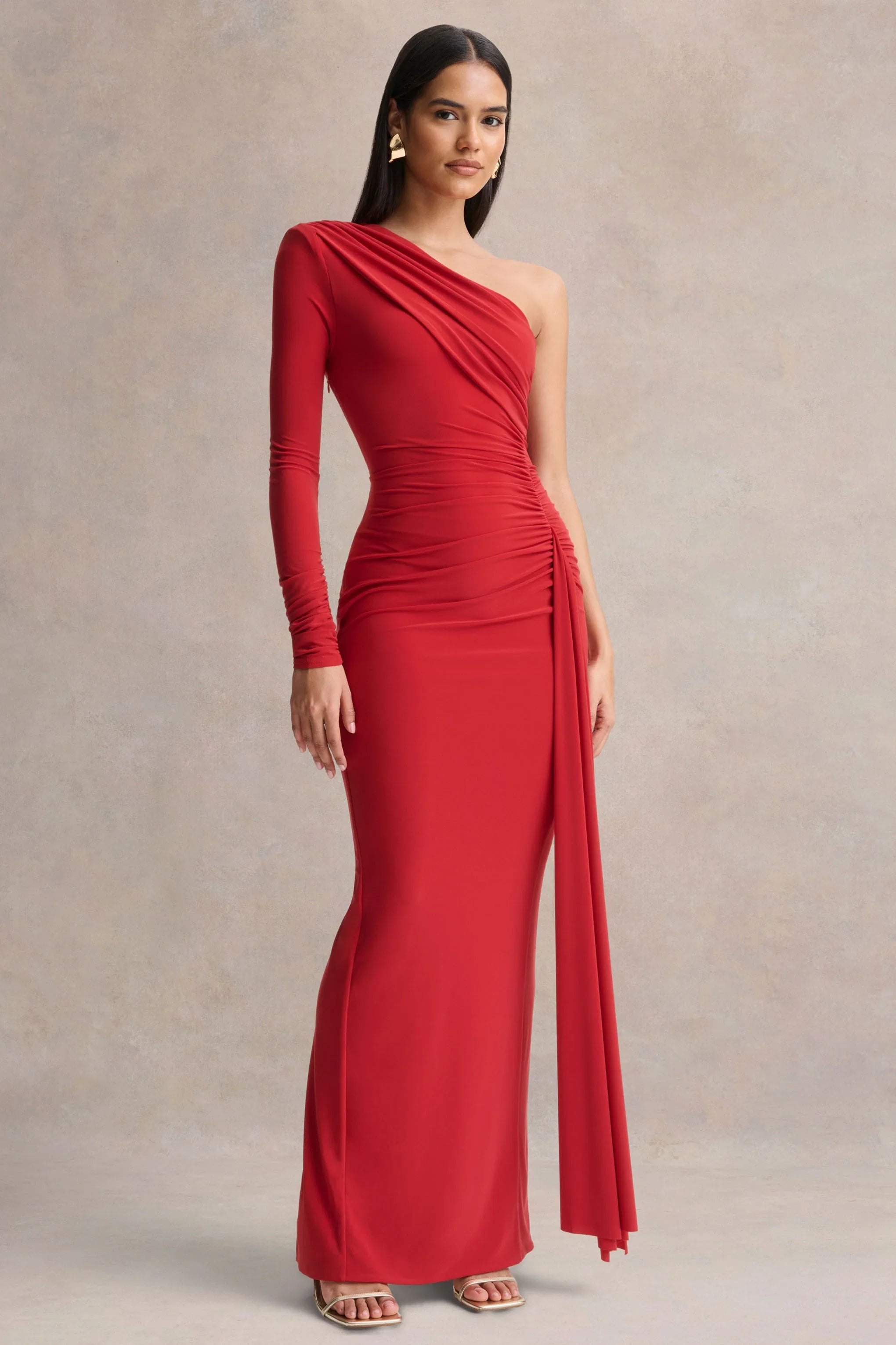 Anne Red Asymmetric Neck Wrapped Maxi Dress With Sash