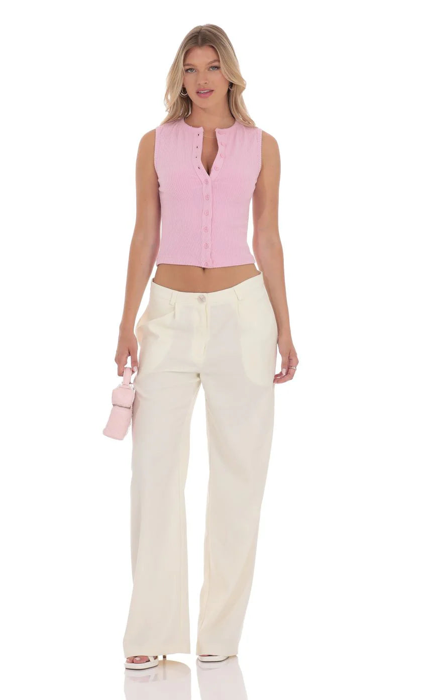 Ribbed Button Top in Pink