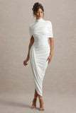 Enchant White Asymmetric Twisted Cape Midi Dress