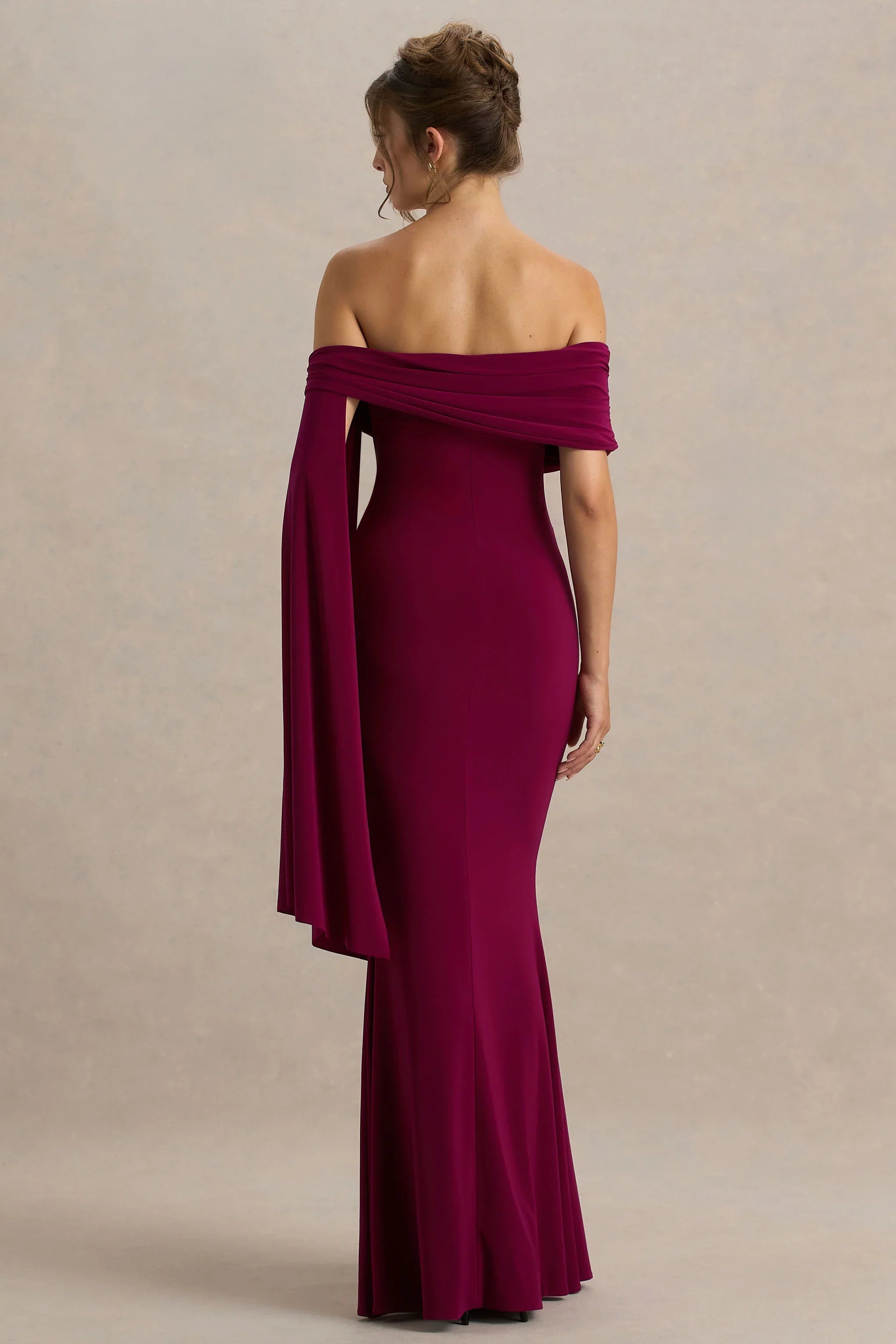 Saffina Burgundy Bardot Neck Maxi Dress With Sash Detail