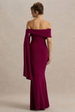 Saffina Burgundy Bardot Neck Maxi Dress With Sash Detail