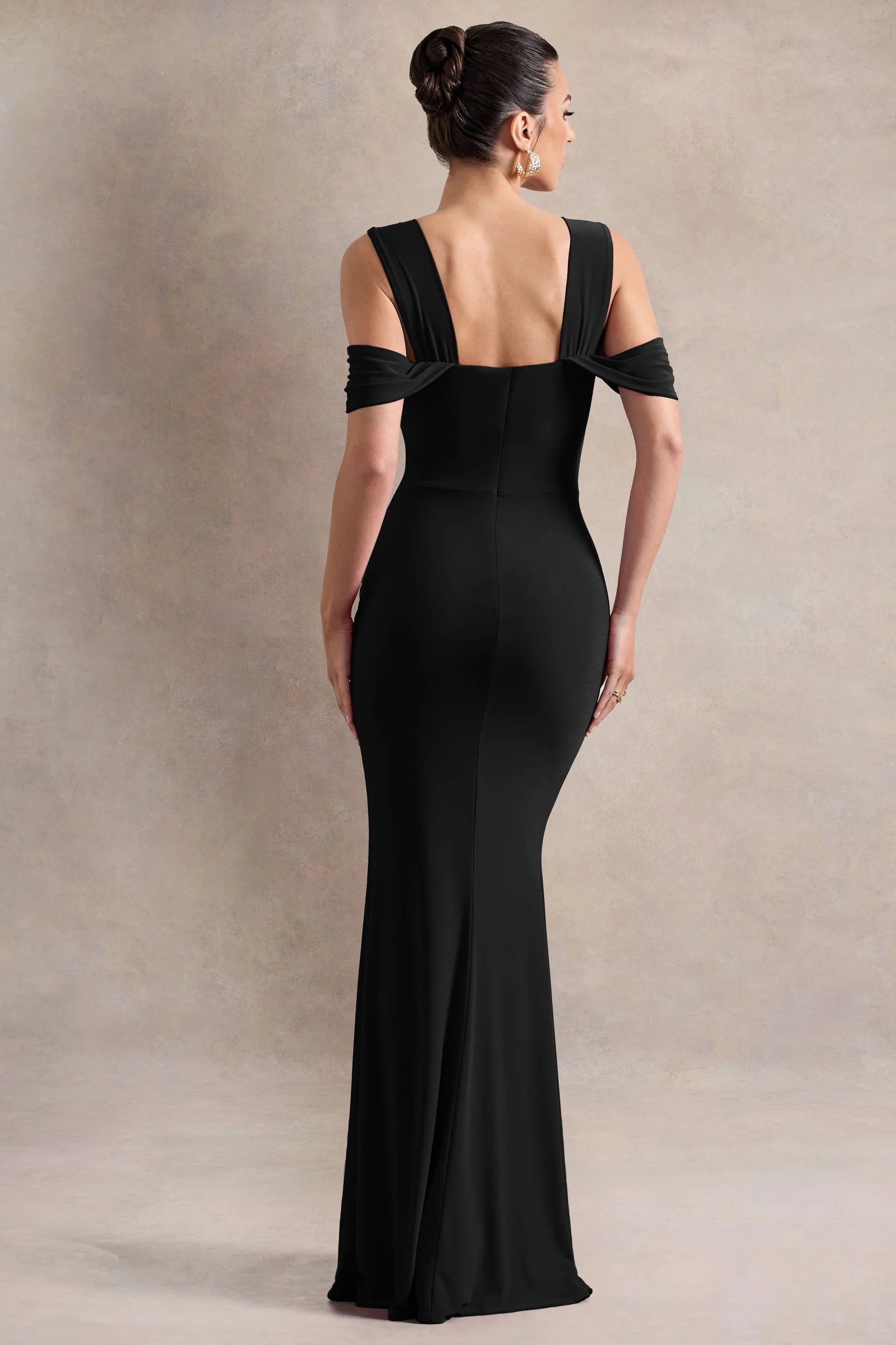 Amoura Black Square Neck Draped Wrap Maxi Dress