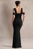 Amoura Black Square Neck Draped Wrap Maxi Dress