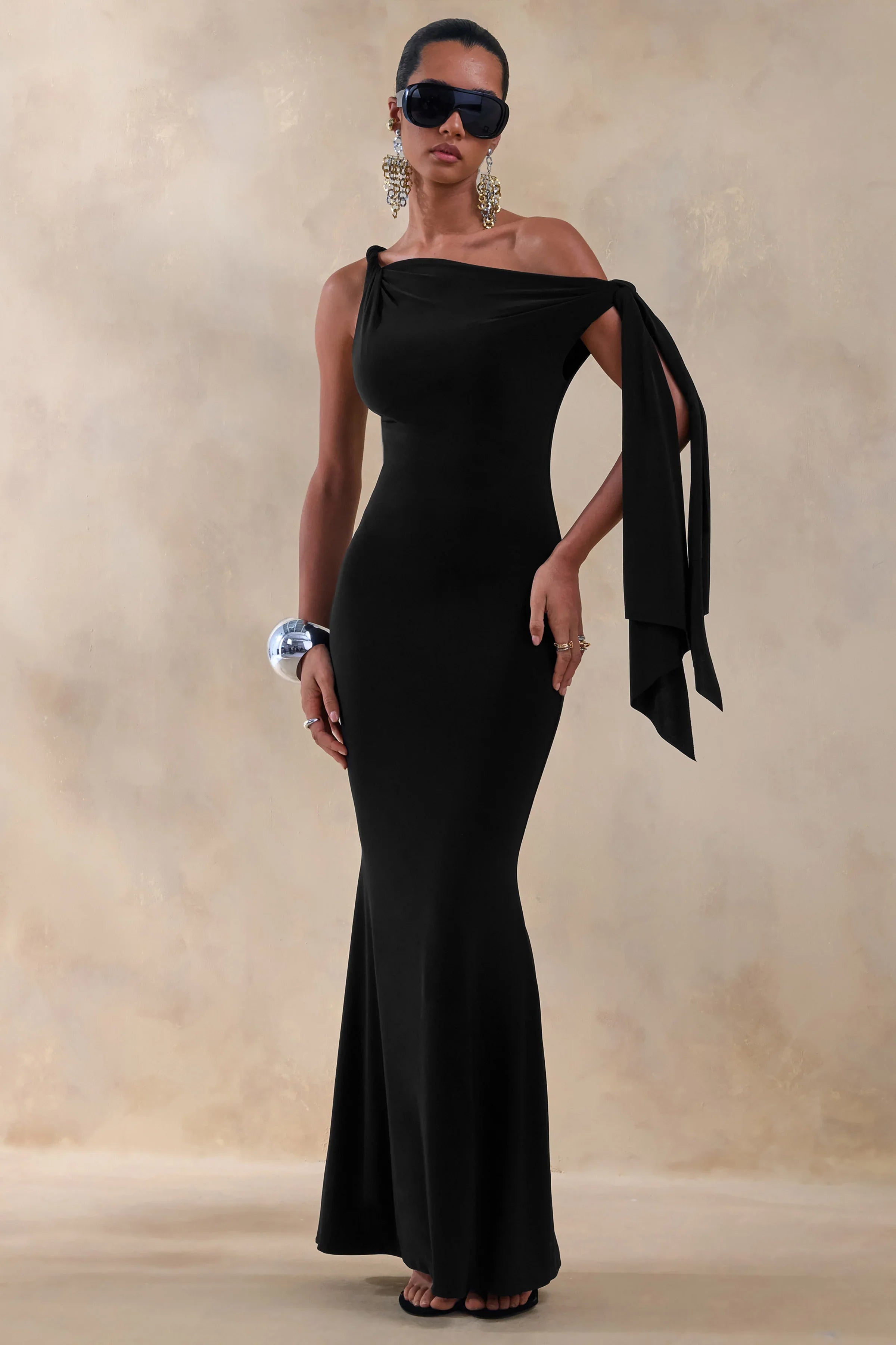 Vista Black Asymmetric Neck Maxi Dress With Knot Sleeve Detail