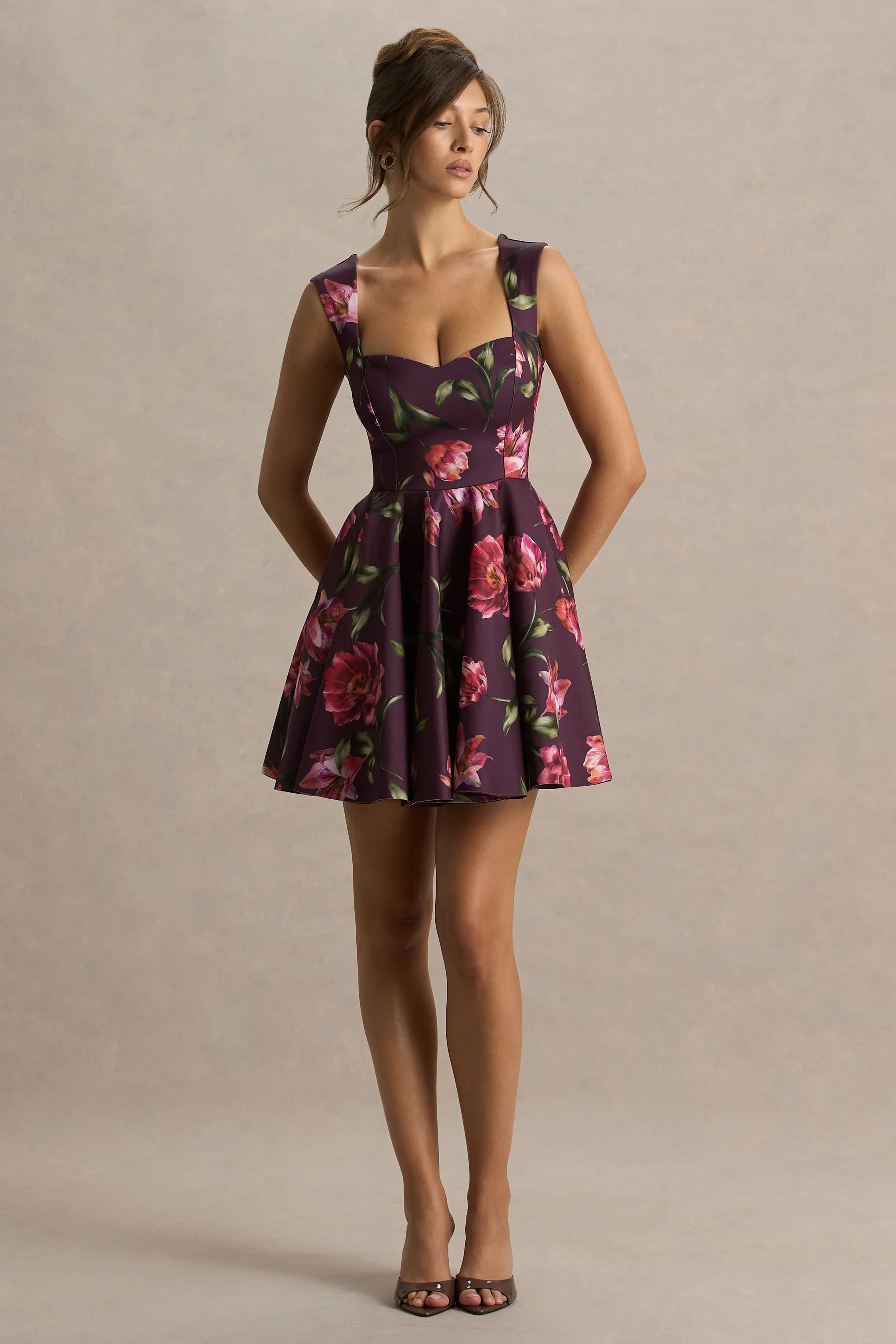 Magic Burgundy Floral Print Sweetheart Neck Mini Dress