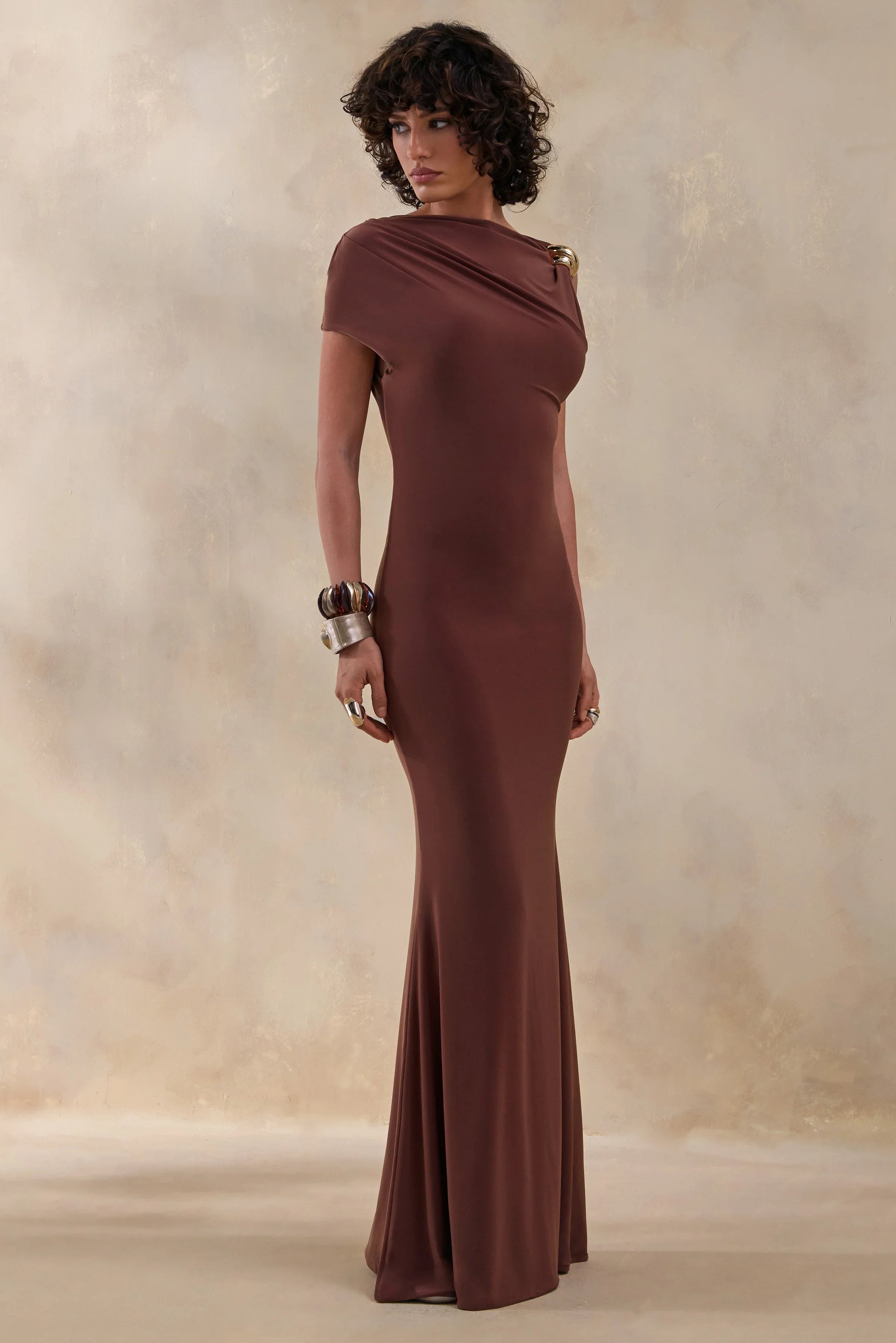 Blaire Brown Asymmetric Neck Maxi Dress With Gold Detailing