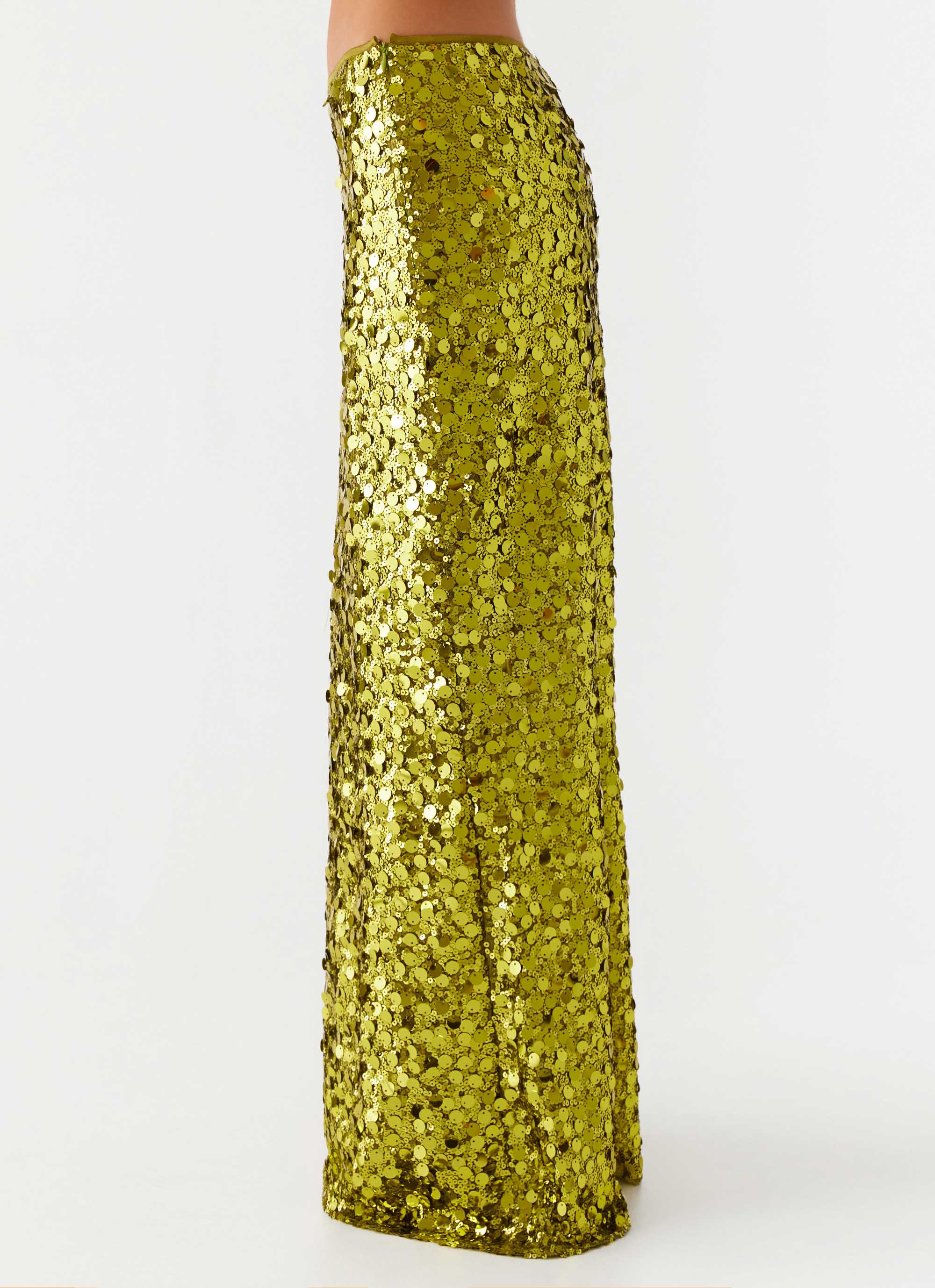 Perfect Places Low Rise Sequin Maxi Skirt Olive