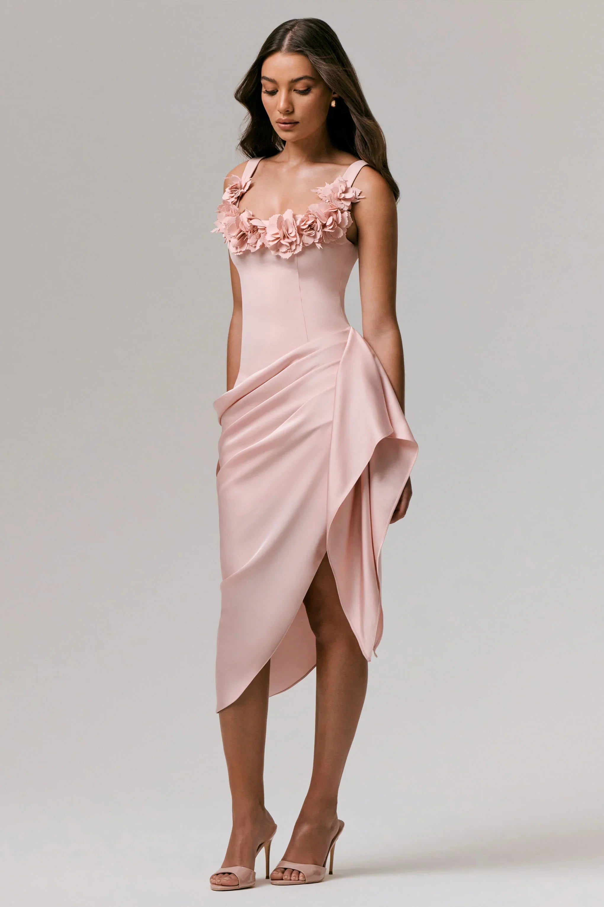 Letitia Pale Pink Square Neck Floral Detailed Wrap Midi Dress