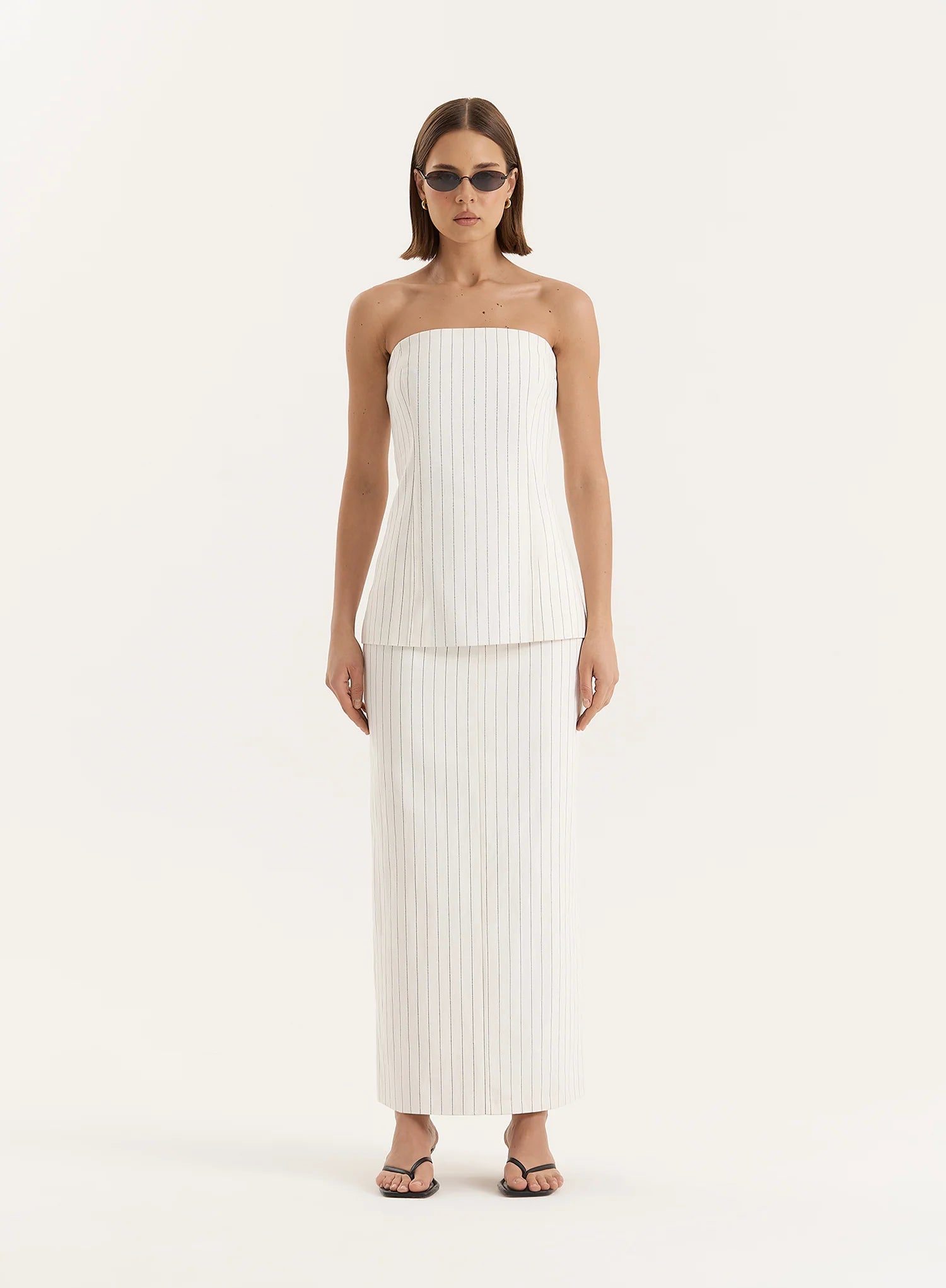 White Pinstripe Tailored Denim Maxi Skirt