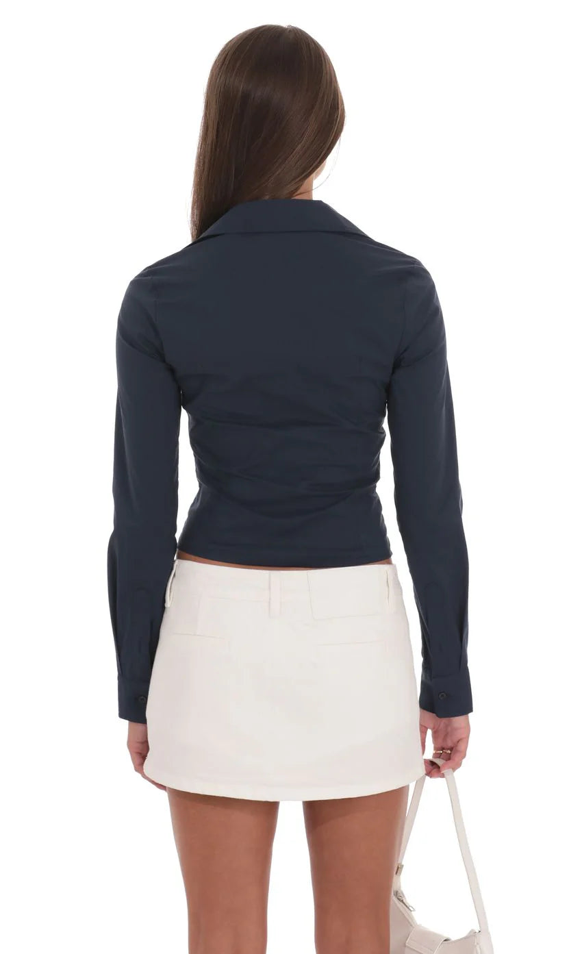 Ruched Button Up Shirt in Navy