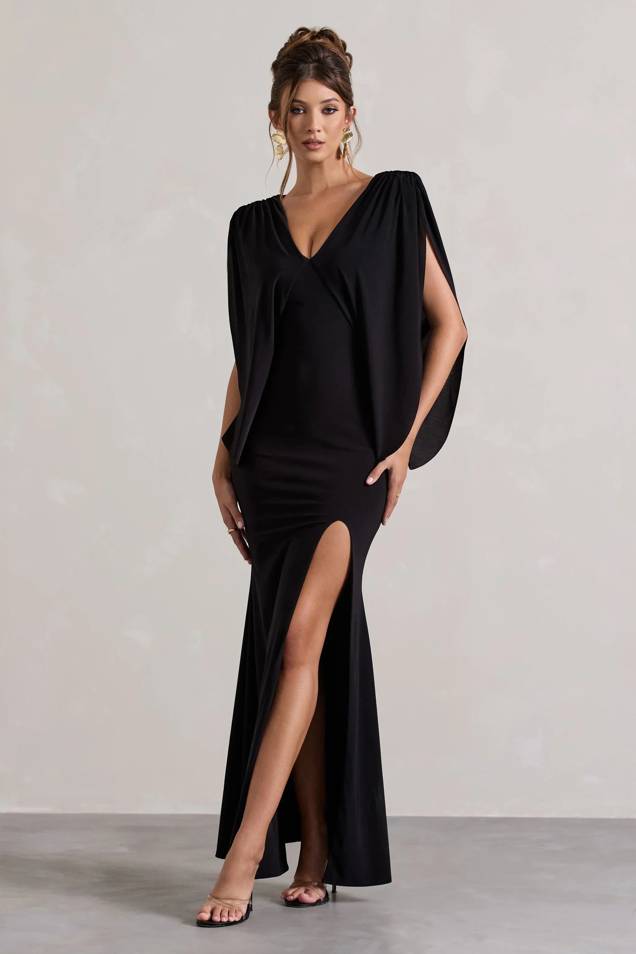 Perry Black V Neck Cape Sleeve Split Maxi Dress