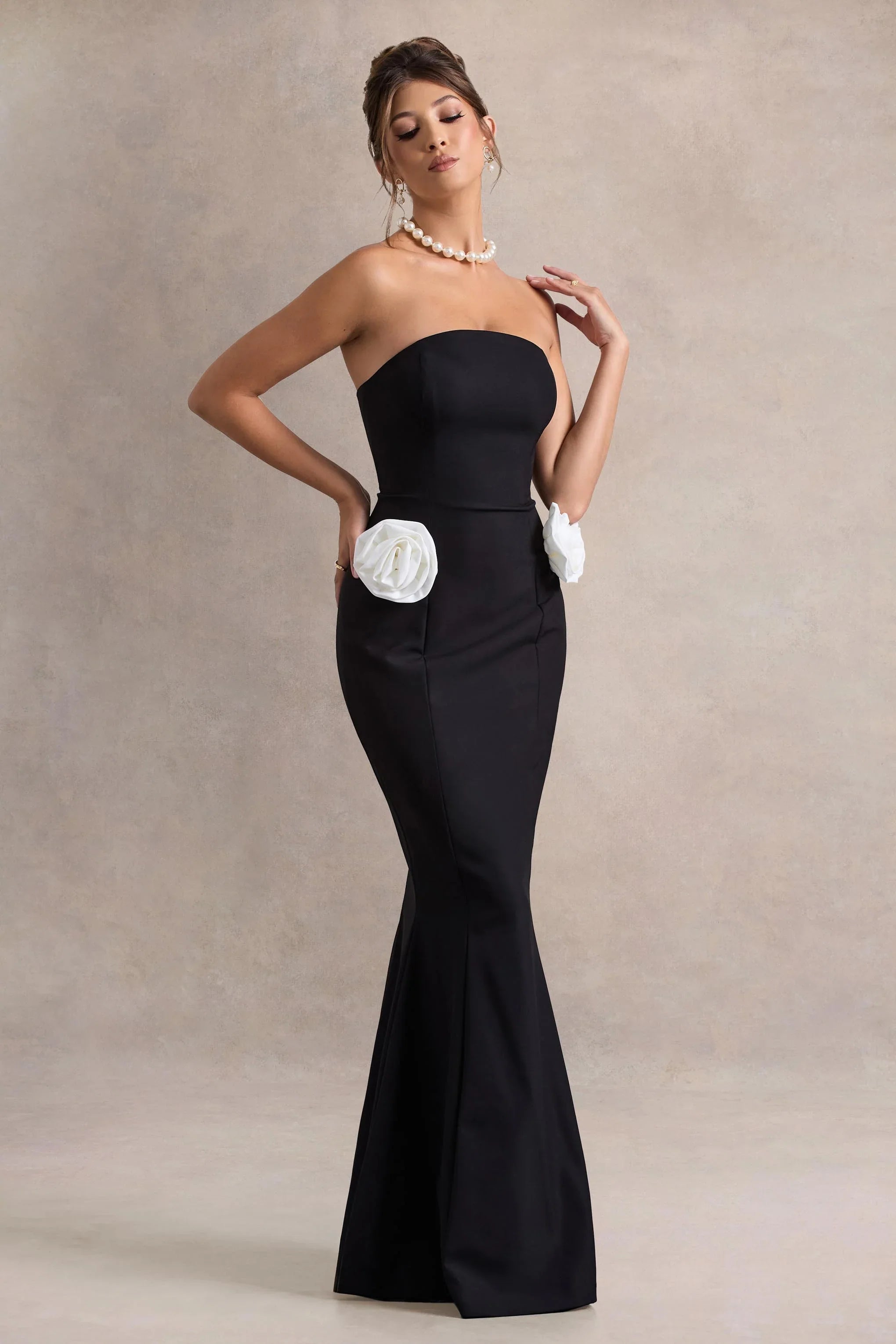 Best Of The Best Black Strapless Fishtail Maxi Dress With Corsages