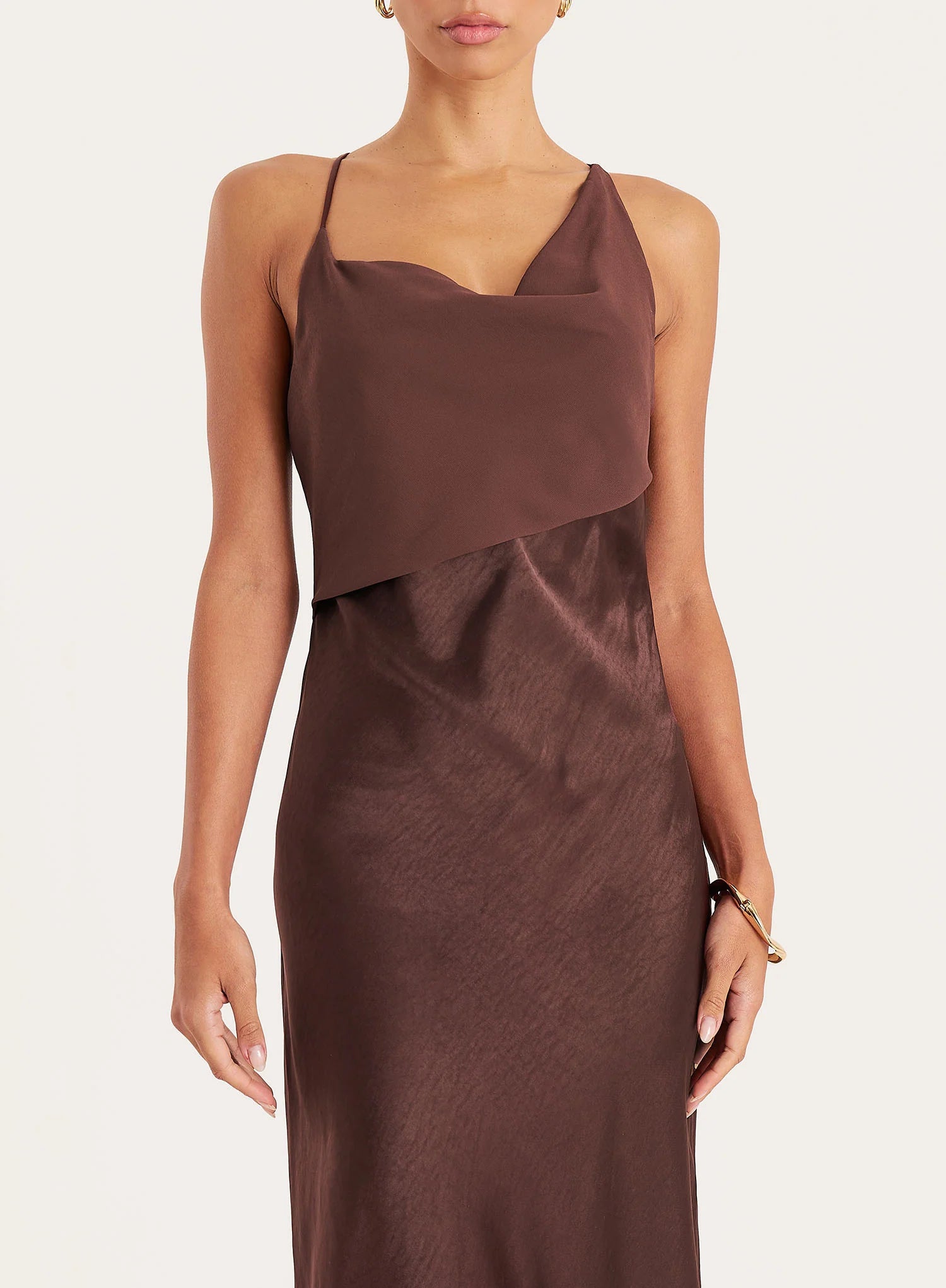 Chocolate Cowl Neck Satin And Chiffon Maxi Dress