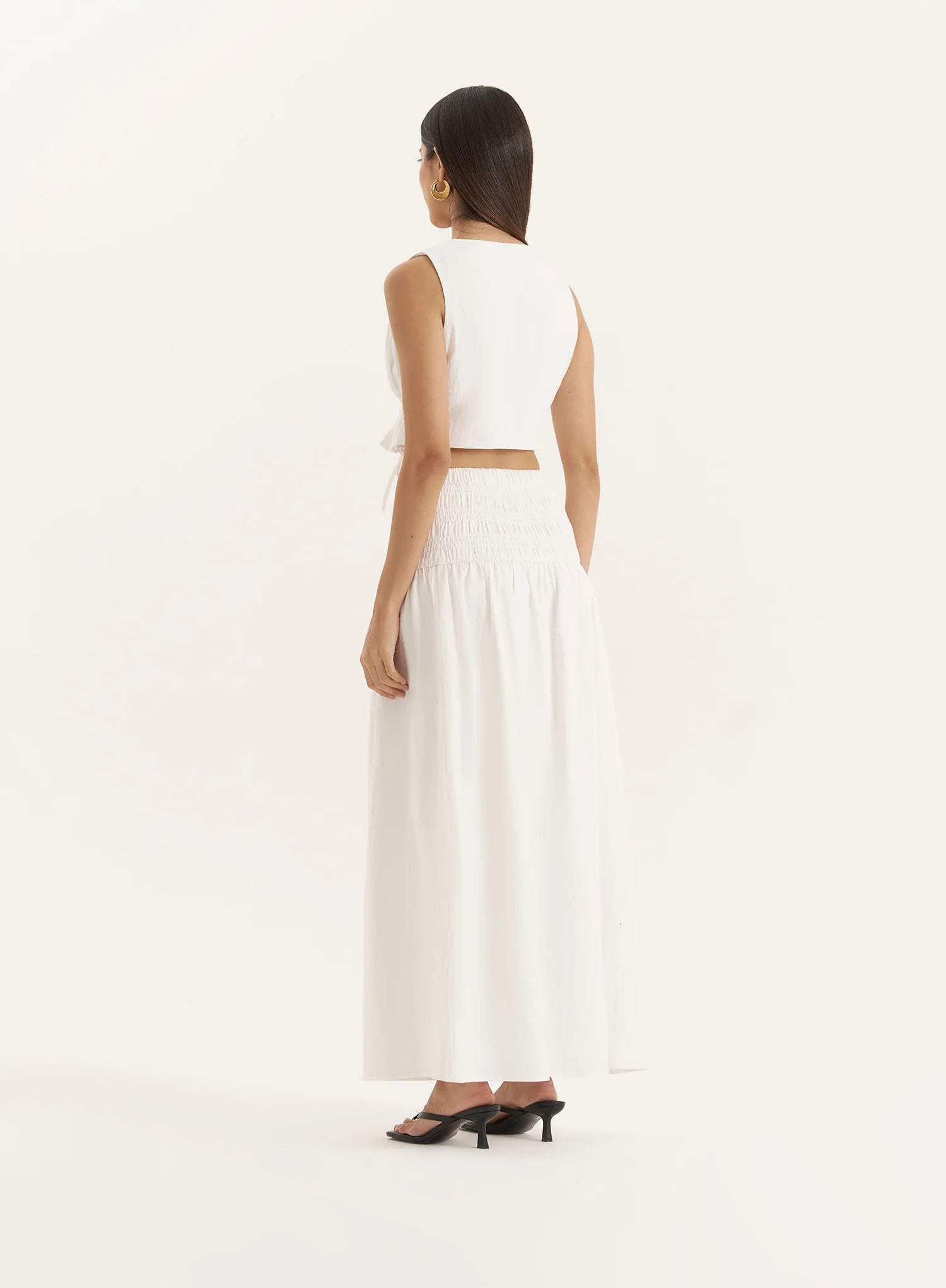 White Drop Waist Shirred Maxi Skirt