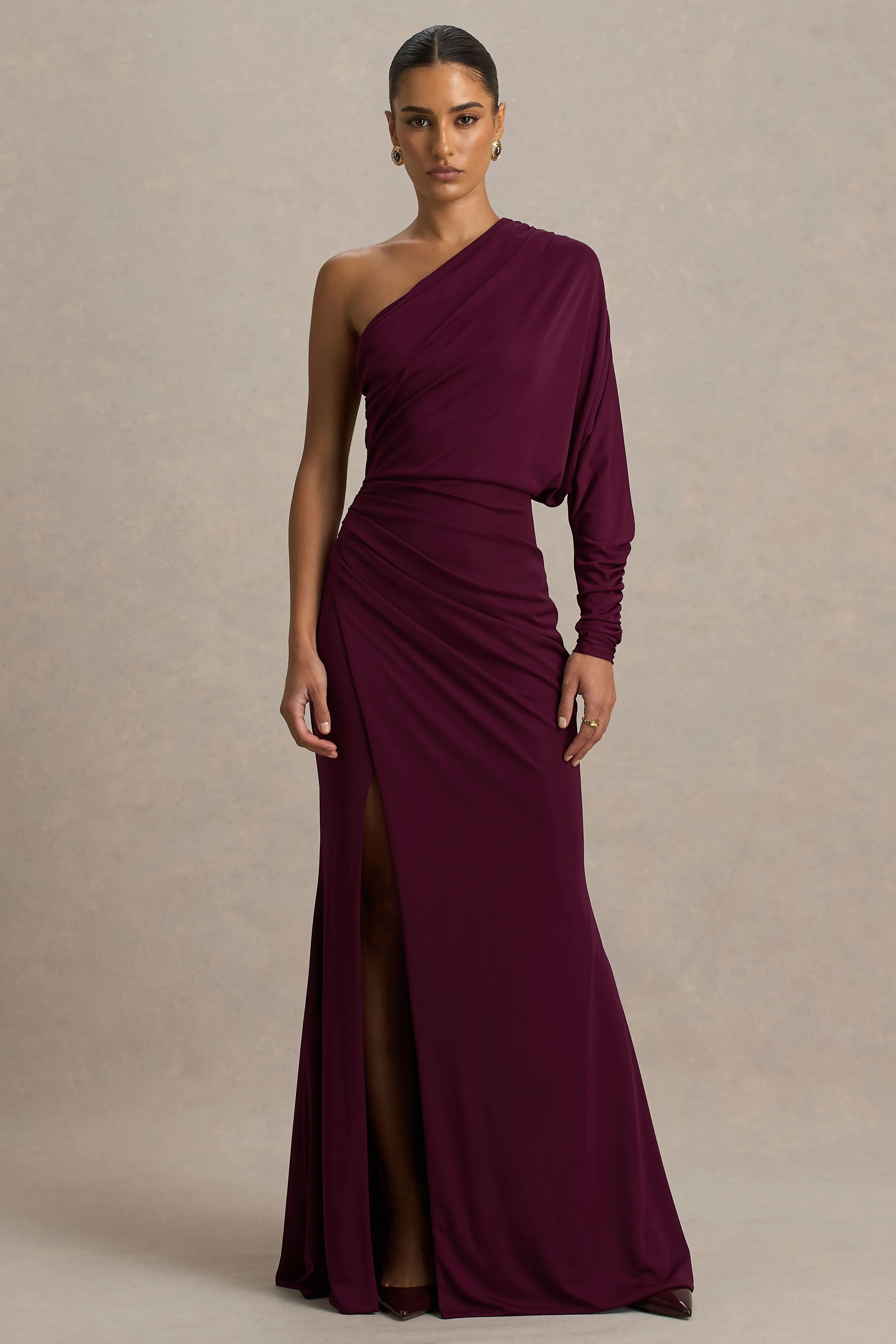 Lola Burgundy Asymmetric Neck Maxi Dress With Ruched Detailing And Front High Split
