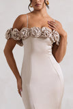 Petunia Champagne Satin Floral Bardot Midi Dress