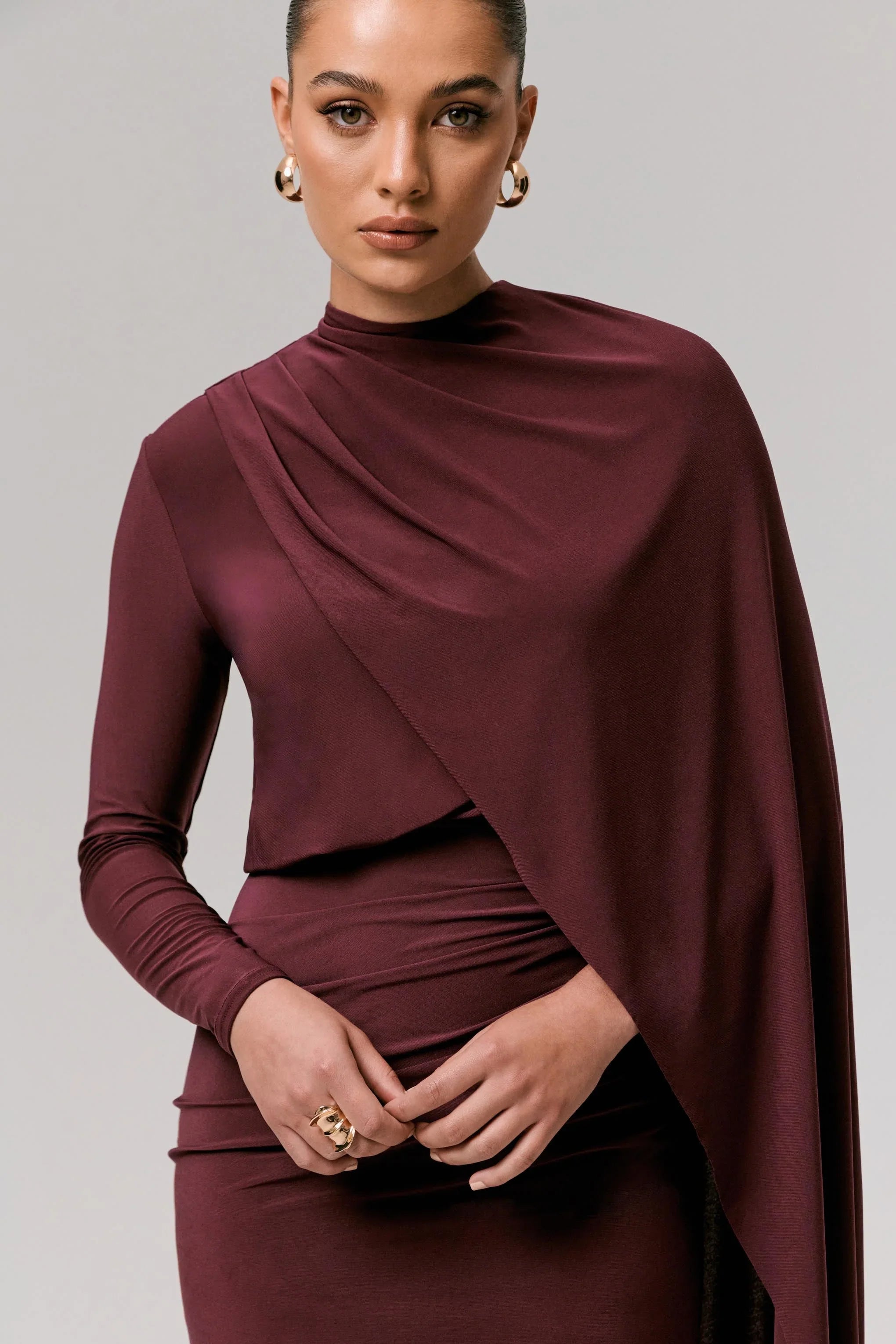 Celeste Burgundy Long Sleeve Mini Dress With Cape Sleeve