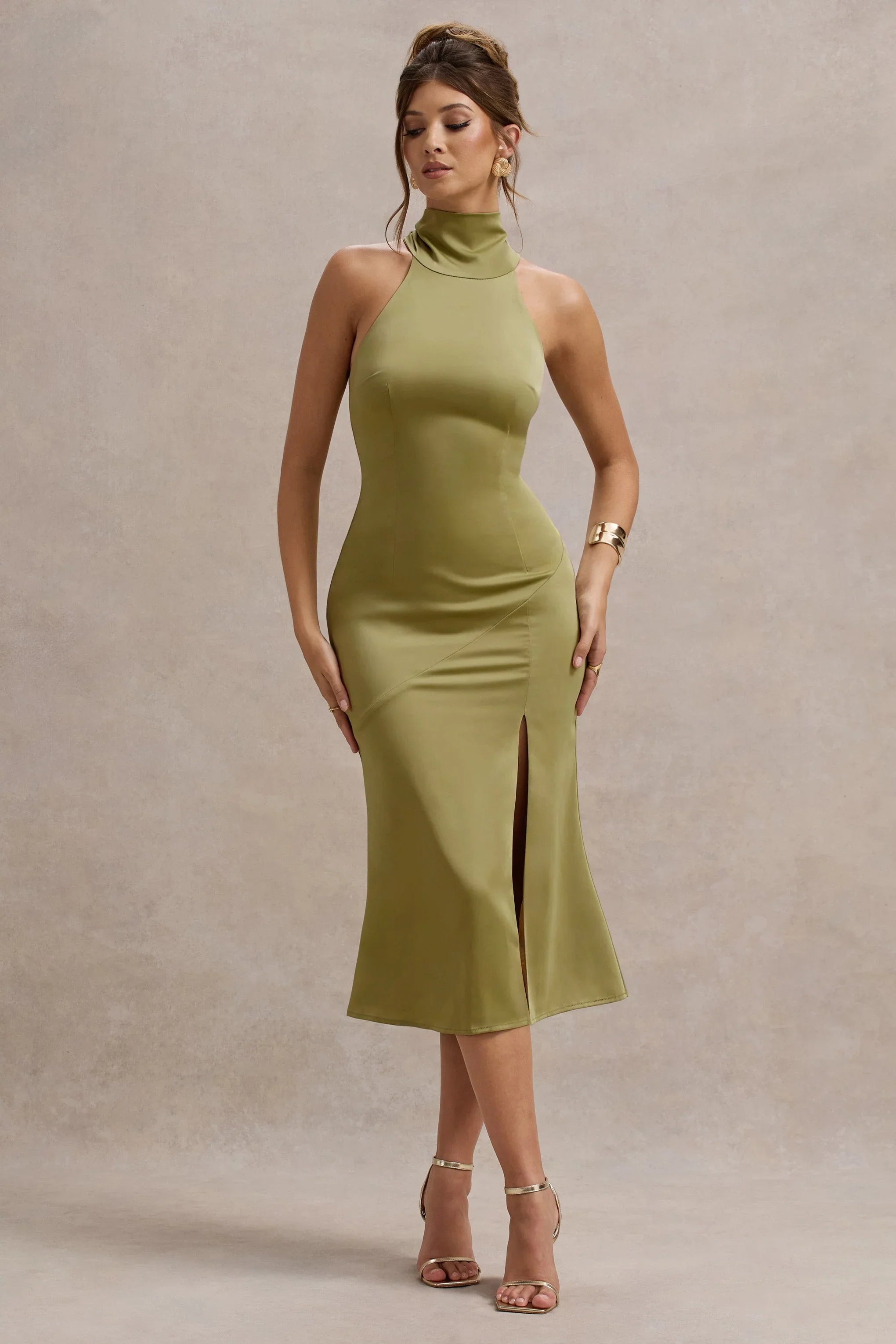 Violette Olive Satin High Neck Split Midi Dress