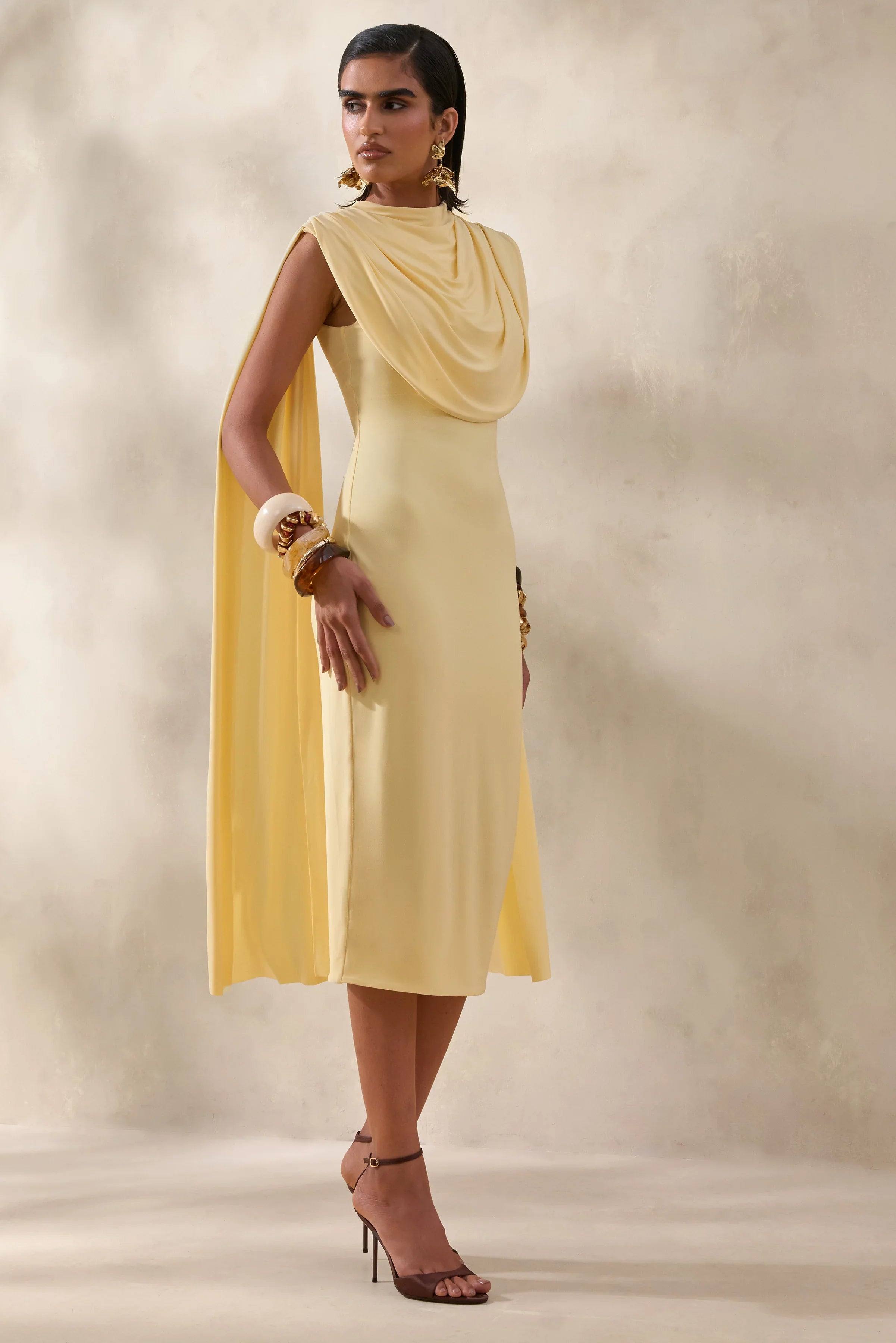 Lysandria Lemon High Neck Midi Dress With Draped Detailing