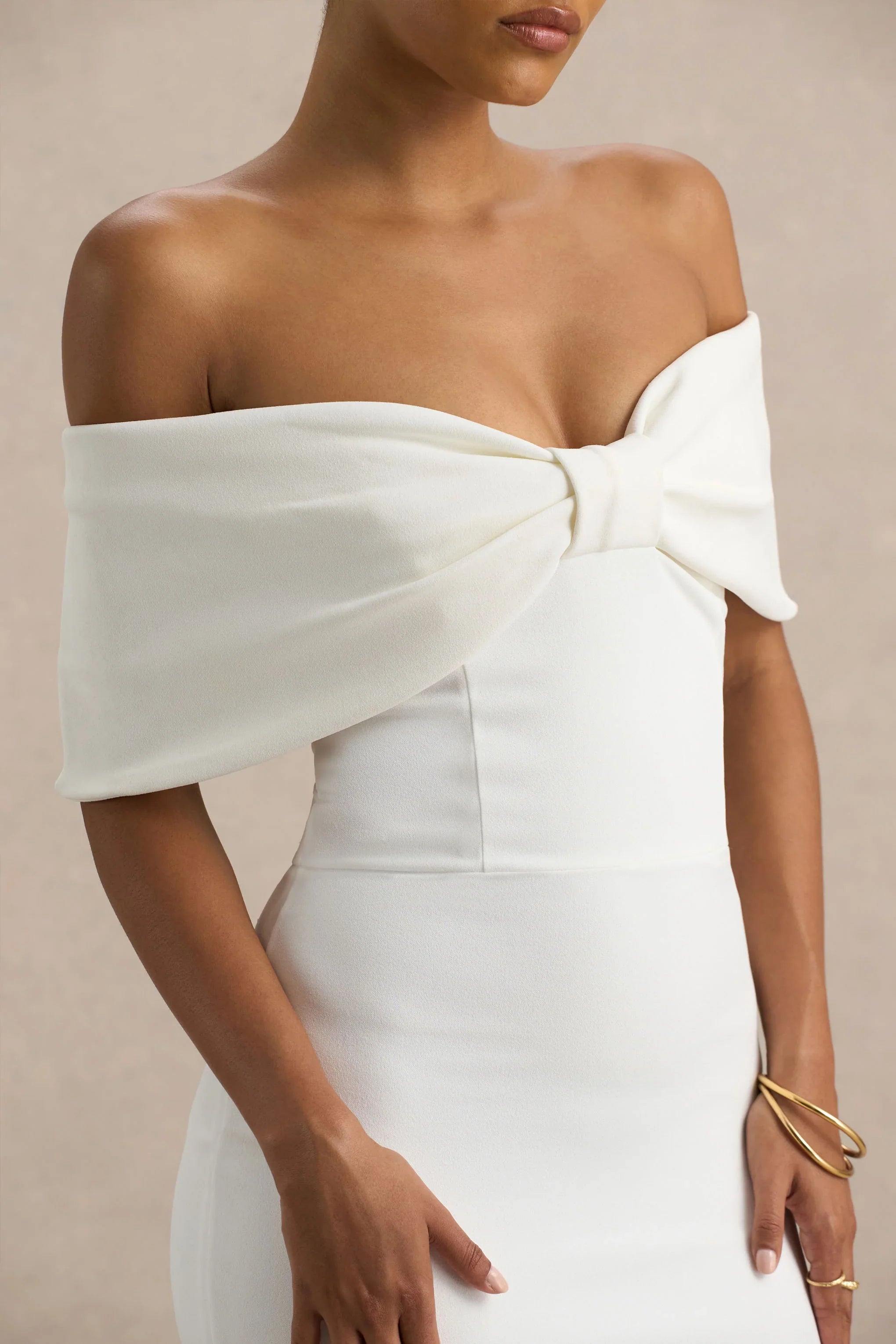 Bayshore White Bow Bardot Midi Dress