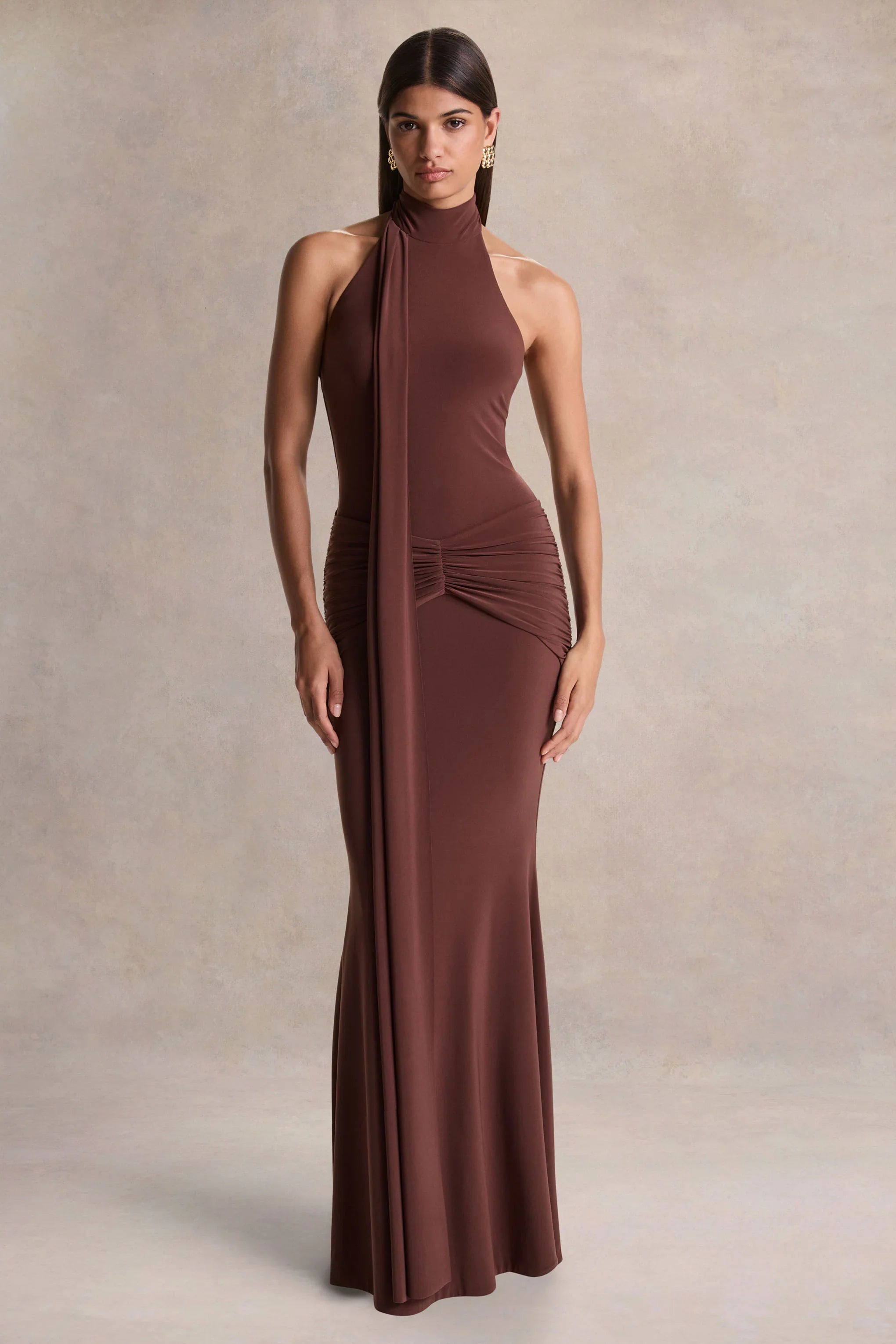 Hyla Brown High Neck Maxi Dress With Sash Detail