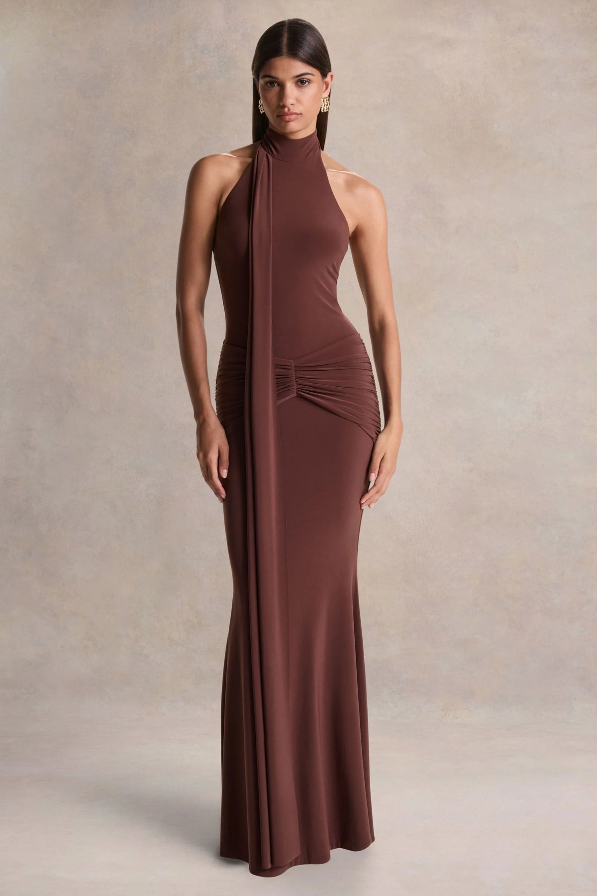 Hyla Brown High Neck Maxi Dress With Sash Detail