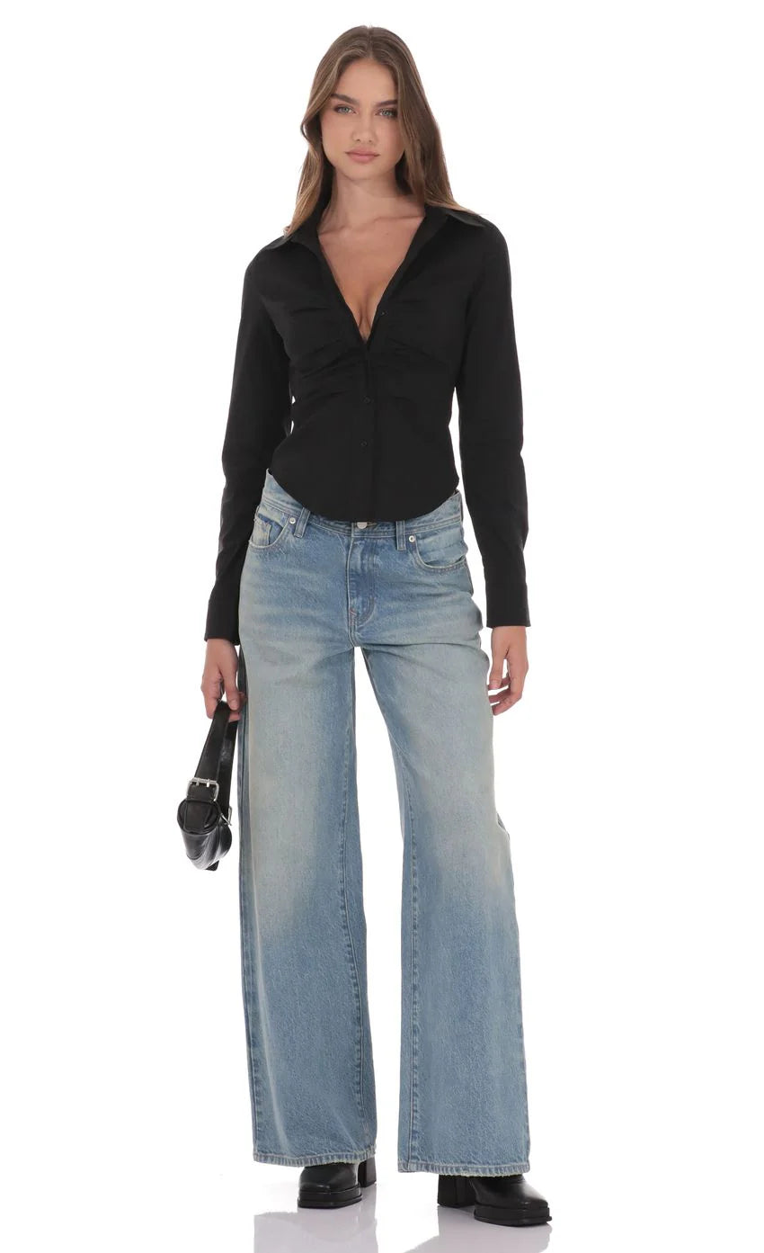 Ruched Button Up Shirt in Black