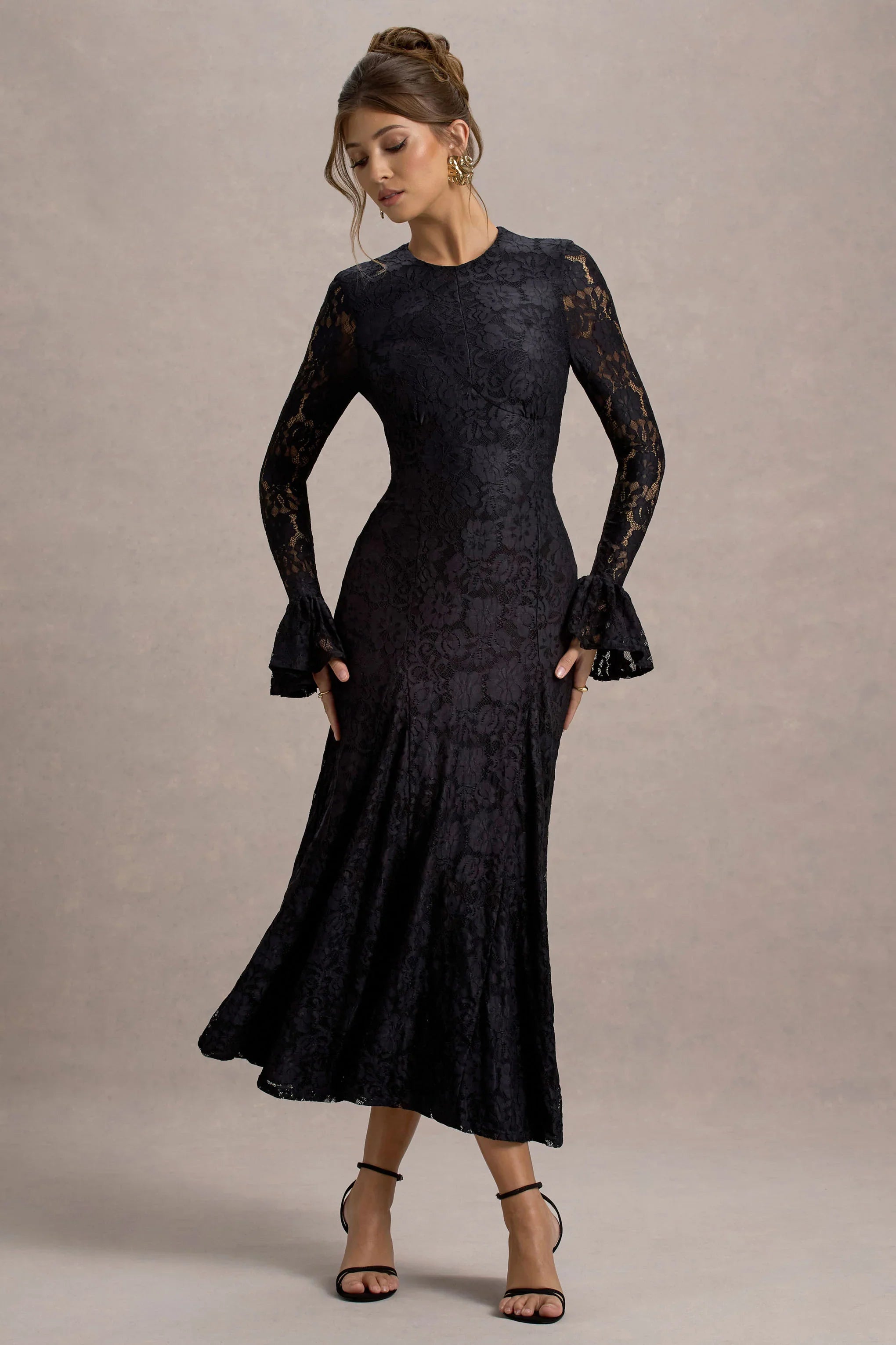 For Life Black Lace Long Sleeve Midi Dress