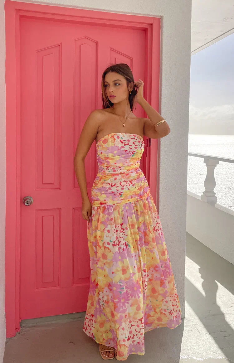 Sinclair Yellow Floral Print Strapless Maxi Dress