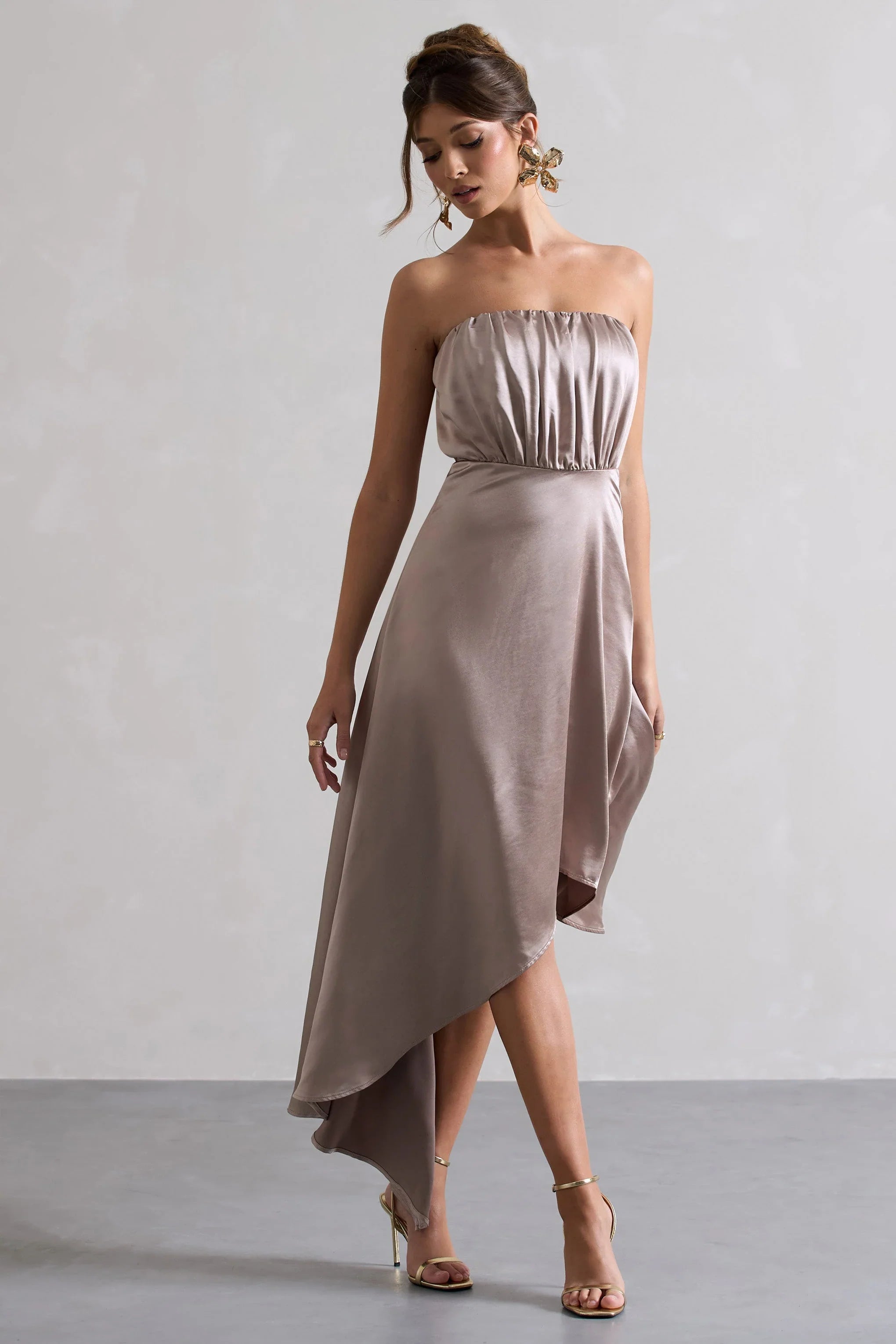 Willa Taupe Satin Bandeau Maxi Dress With Asymmetric Hem