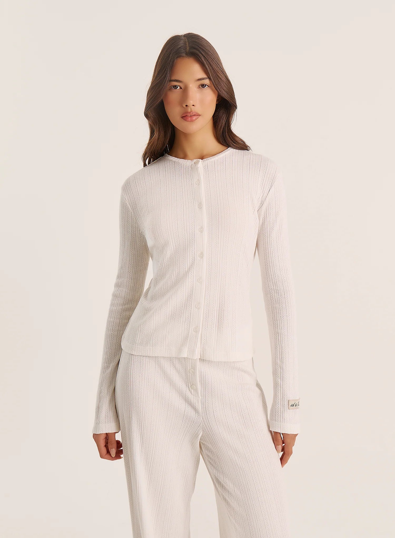 Ecru Pointelle Long Sleeve Buttoned Top