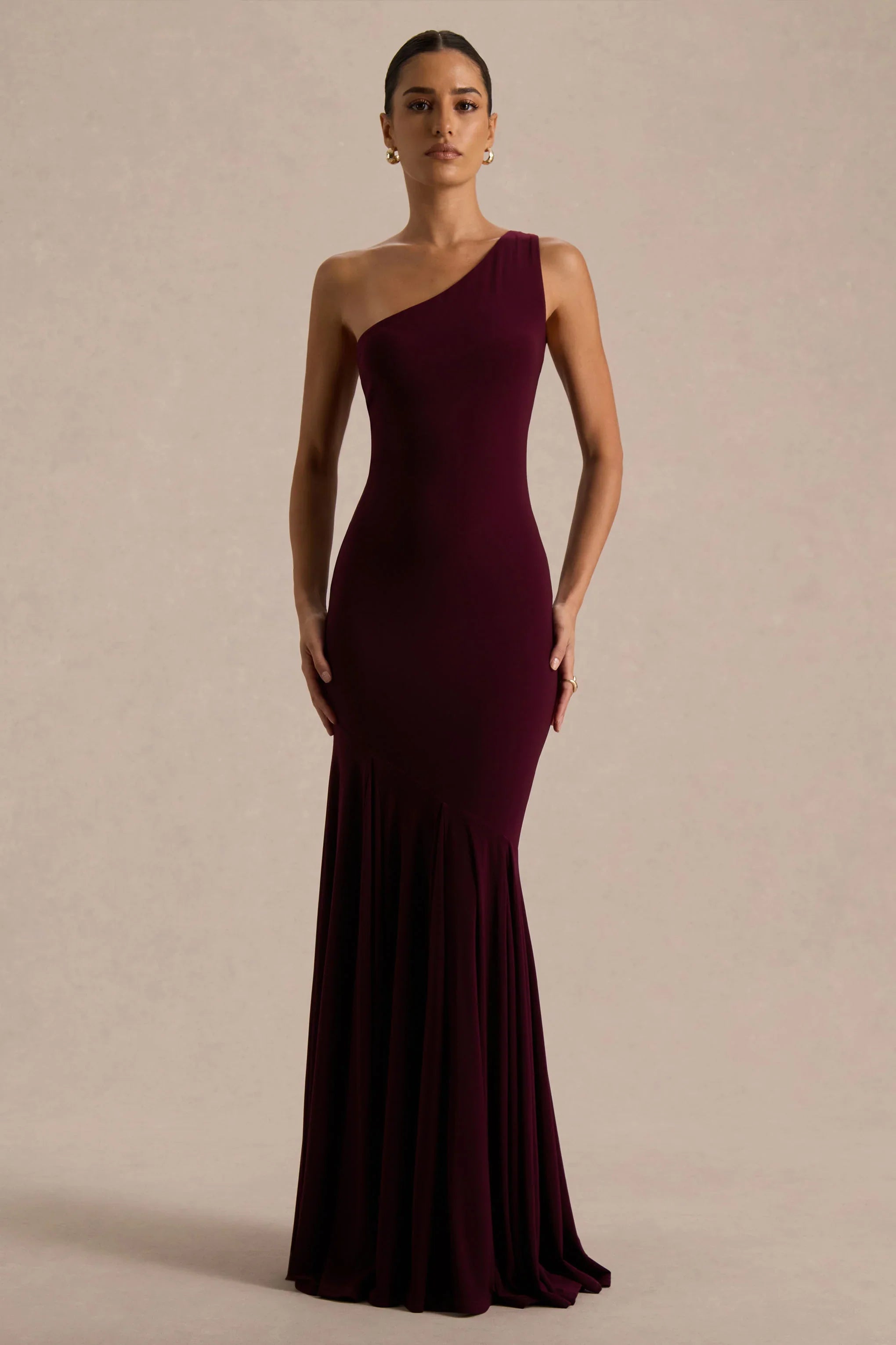 Zya Dark Plum Asymmetric Neck Fishtail Maxi Dress