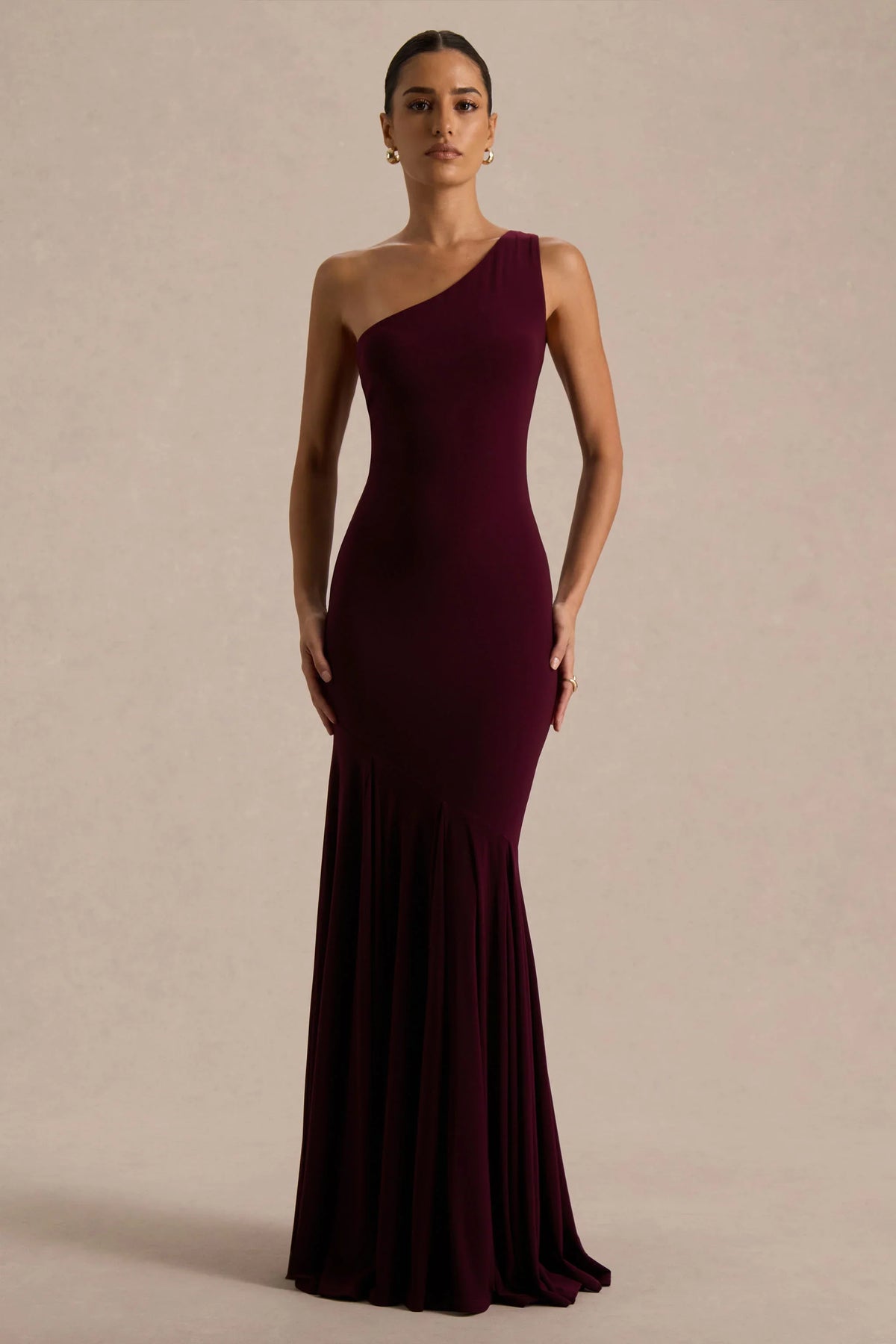 Zya Dark Plum Asymmetric Neck Fishtail Maxi Dress