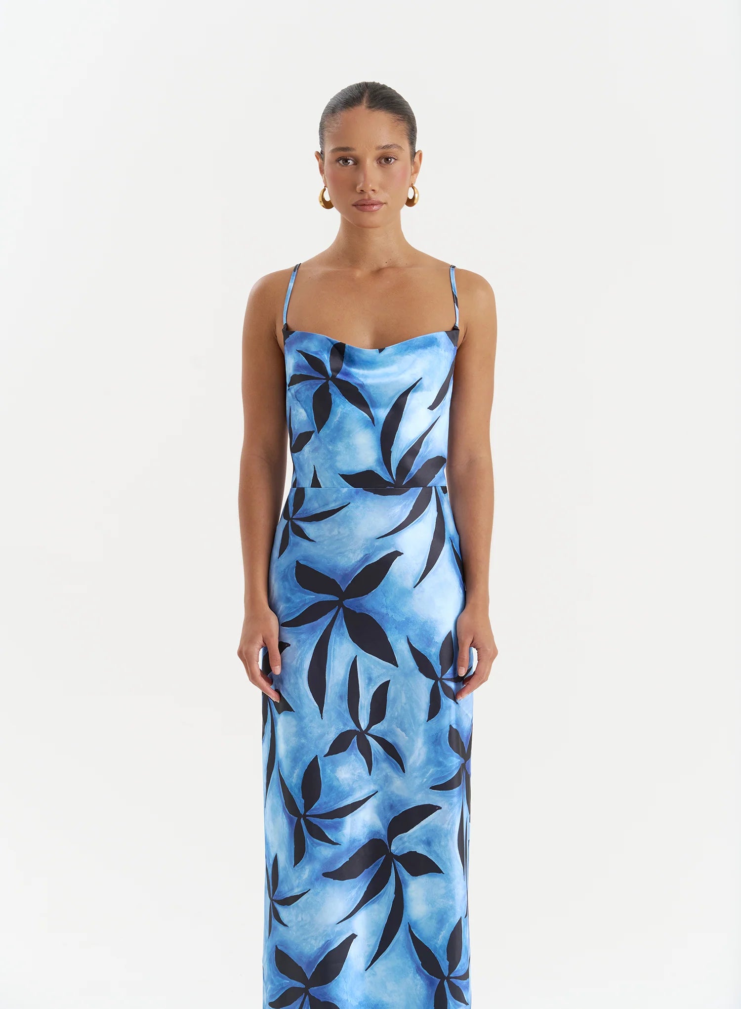 Blue Floral Print Satin Maxi Dress Monique