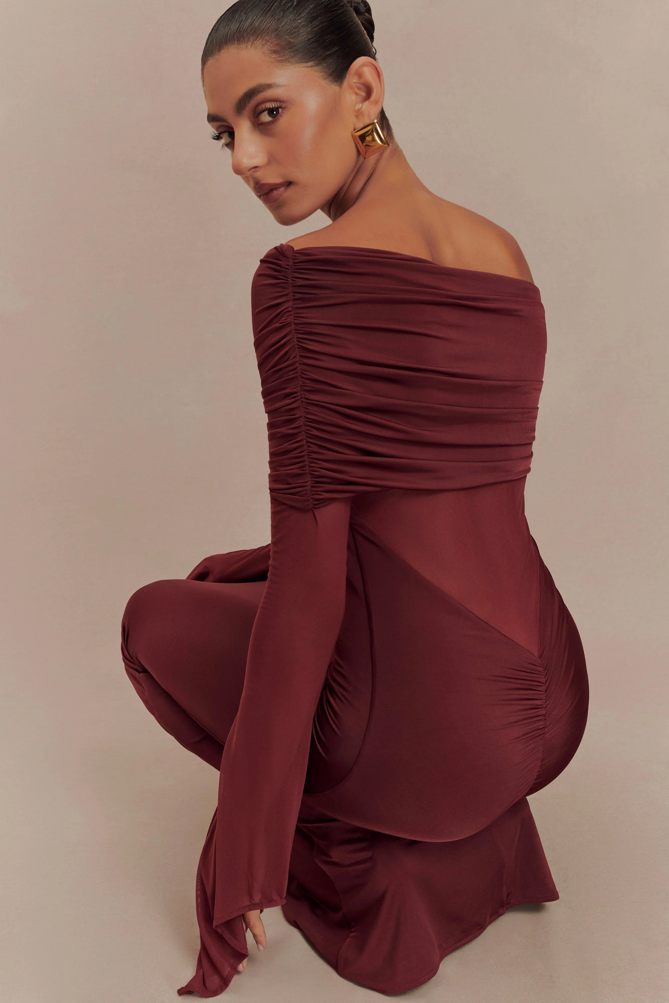Kaitlin One Shoulder Slinky And Mesh Maxi Dress Burgundy