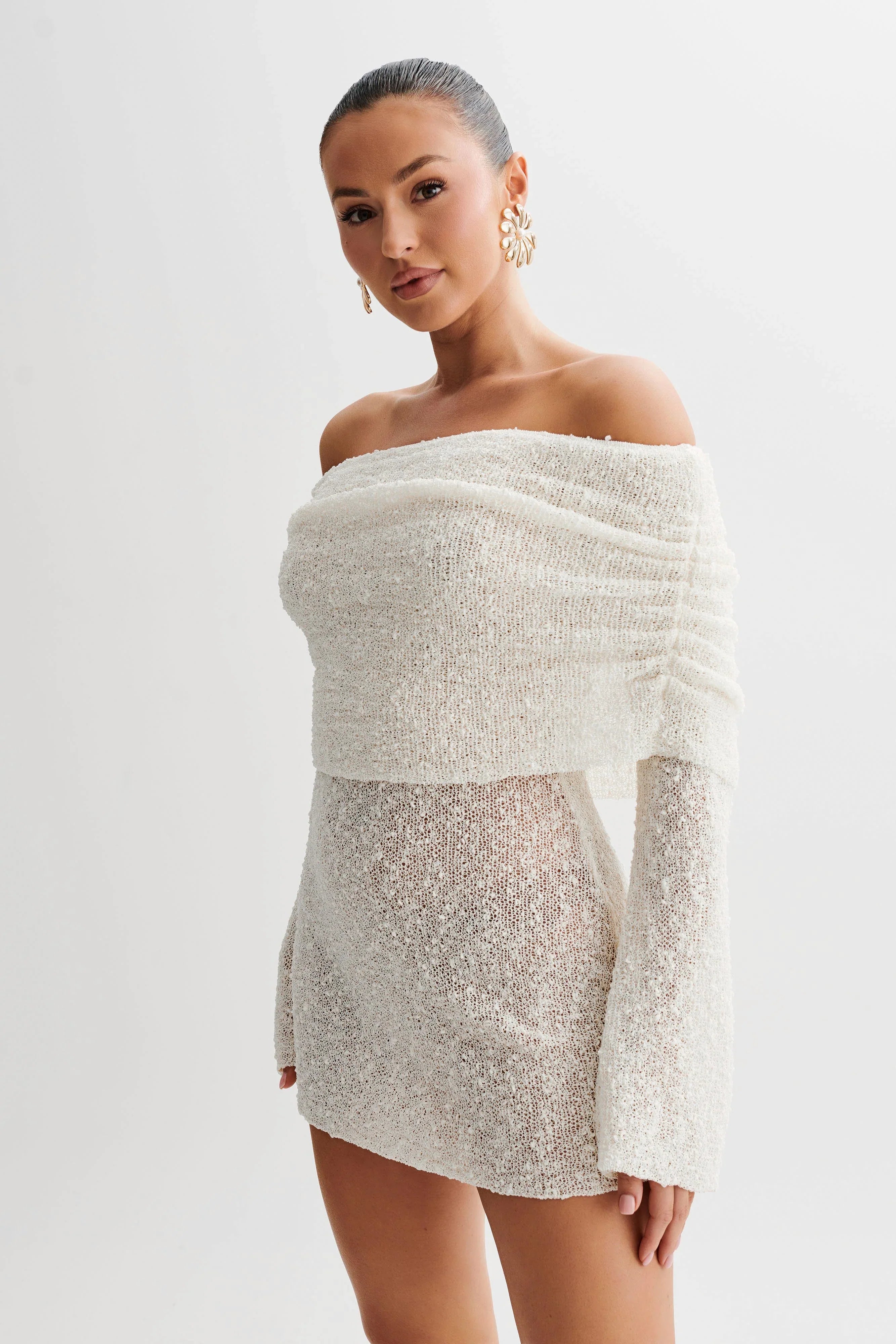 Marisol Off Shoulder Boucle Mini Dress Ivory