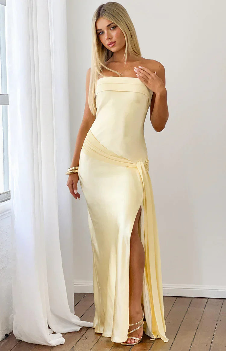 Novie Yellow Tie Detail Satin Strapless Maxi Dress PRE ORDER