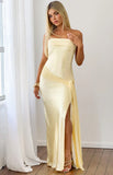 Novie Yellow Tie Detail Satin Strapless Maxi Dress PRE ORDER